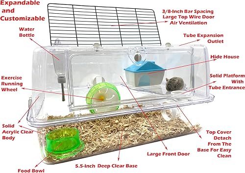 Miniatura 2 de Gran Deluxe de 2 pisos acrílico transparente hámster ratón, palacio, reptiles, hábitat, extensible y personalizable, rueda de ejercicio, botella de