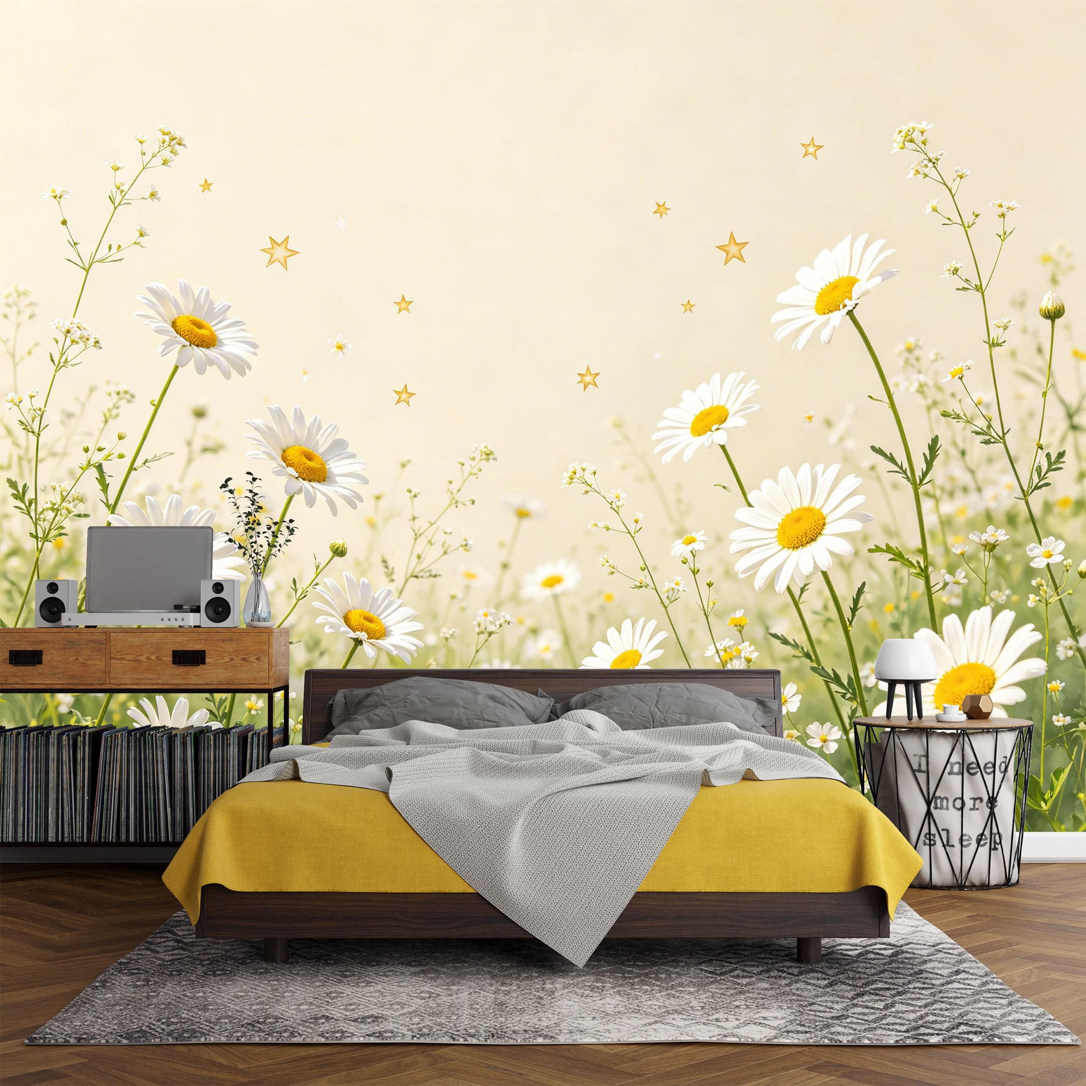 Custom Size Wall Mural， Botanical Daisy Wildflower Meadow Minimalist Bloom，SelfAdhesive Art Prints wall Fabric (No PVC) Removable Wallpaper Living Room Decor