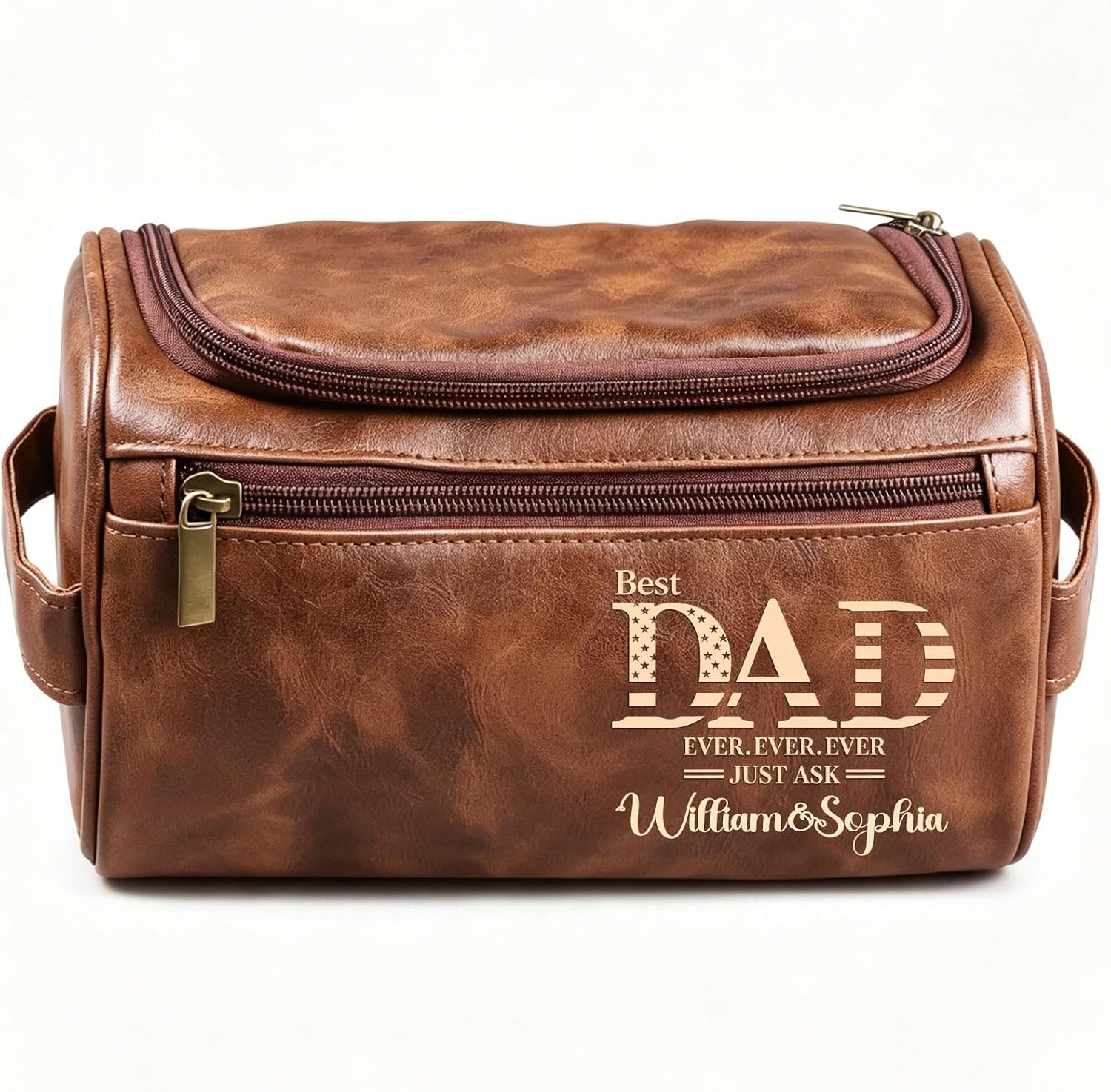 Personalized Toiletry Bag For Men, Custom Engraved Initials & Text Travel PU Leather Waterproof Kit Bag, Gifts for Father's Day Anniversary Dad Boyfriend Husband Groomsmen (DAD)
