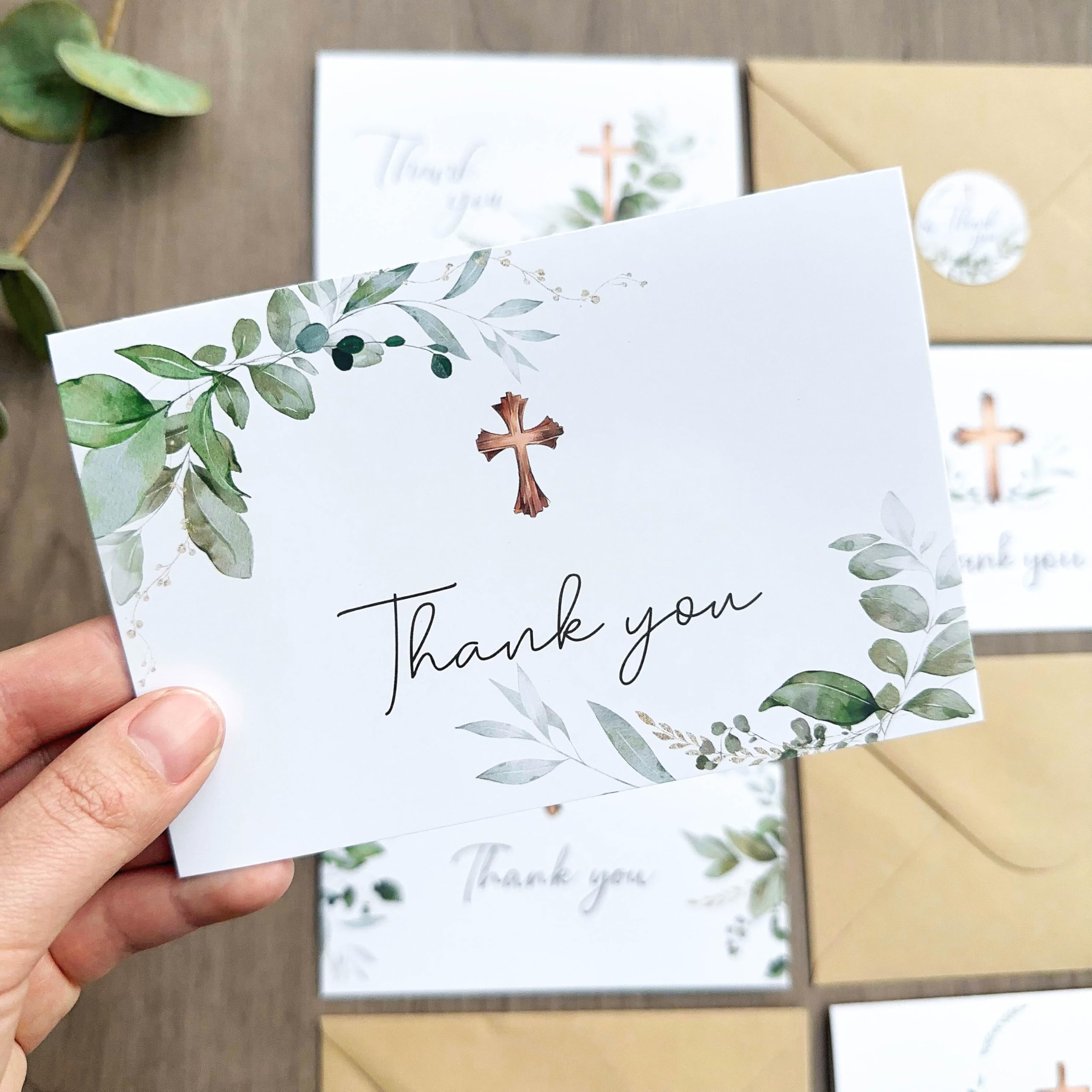 25 tarjetas de agradecimiento con sobres, 5 diseños de cruz verde en acuarela de 4 x 6 pulgadas, tarjeta de agradecimiento interior en blanco para bautizo a granel, boda, comunión, funeral,