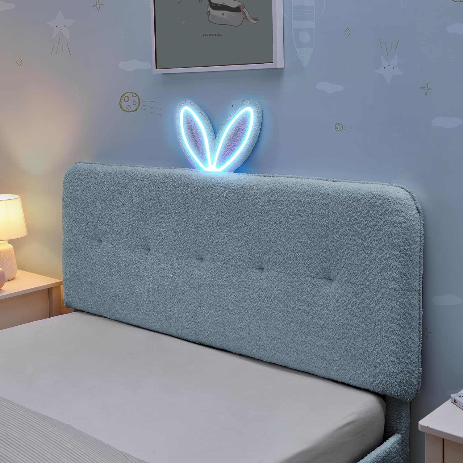 Full Size Platform Bed Frame, Upholstered Bed Frame with Rabbit Ear Headboard, Boucle Montessori Beds with LED Lights & Bluetooth Music, for Bedroom, Apartment, Easy Assembly, Light Blue