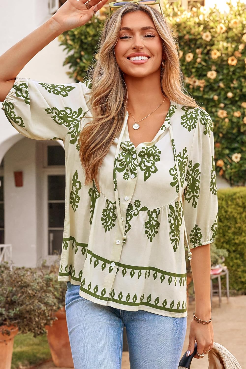 Dokotoo Womens Summer Tops Boho Floral Short Sleeve Button Down V Neck Peplum Babydoll Casual Loose Blouses Shirts - Image 5