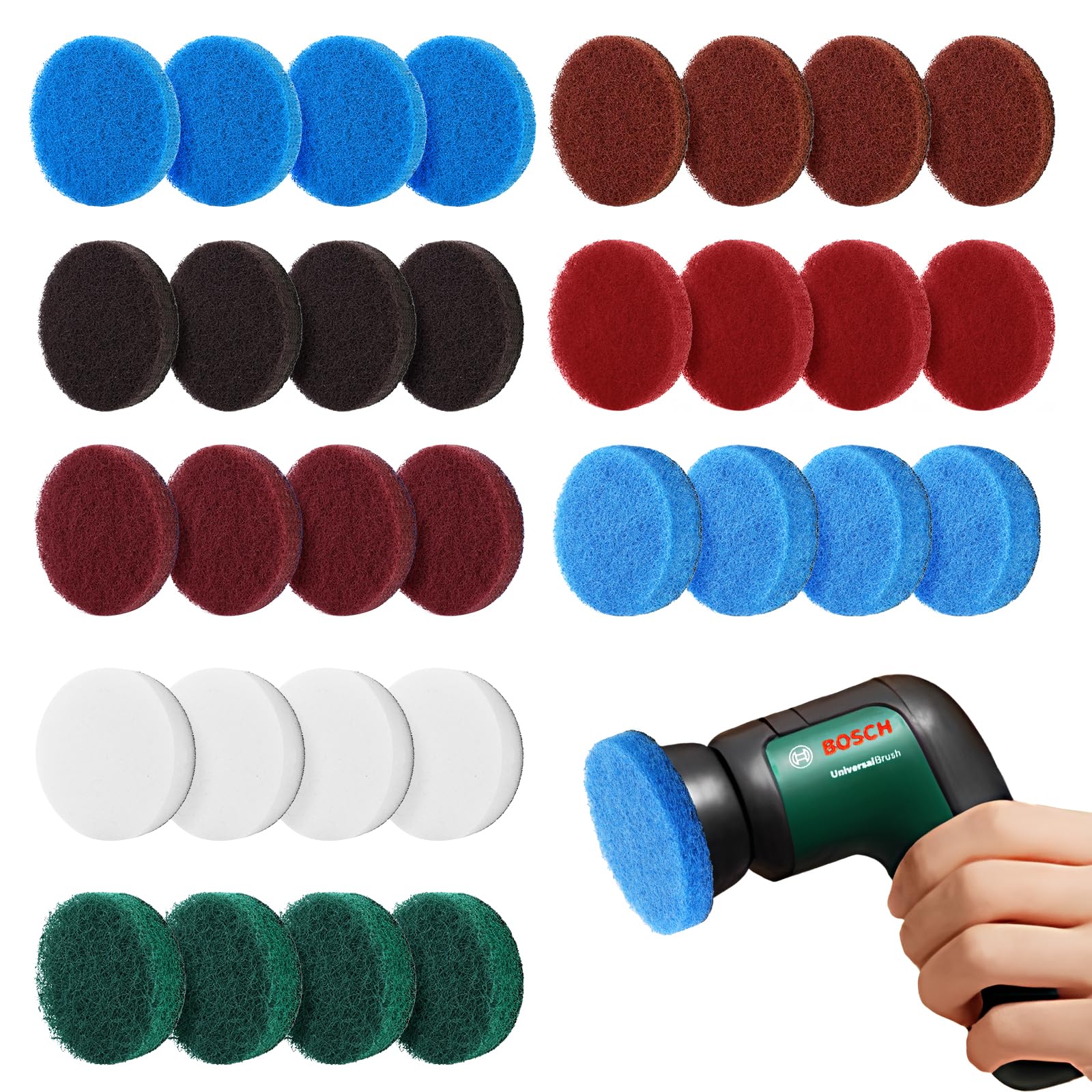 32 Pcs Attachment for Universal Brush for Bosch,Compatible with Bosch Home and Garden,Kitchen Pad,Microfibre Pad,Foam Pad,Emery Fibre Pad,Battery Cleaning Brush Pad for Kitchen and Home