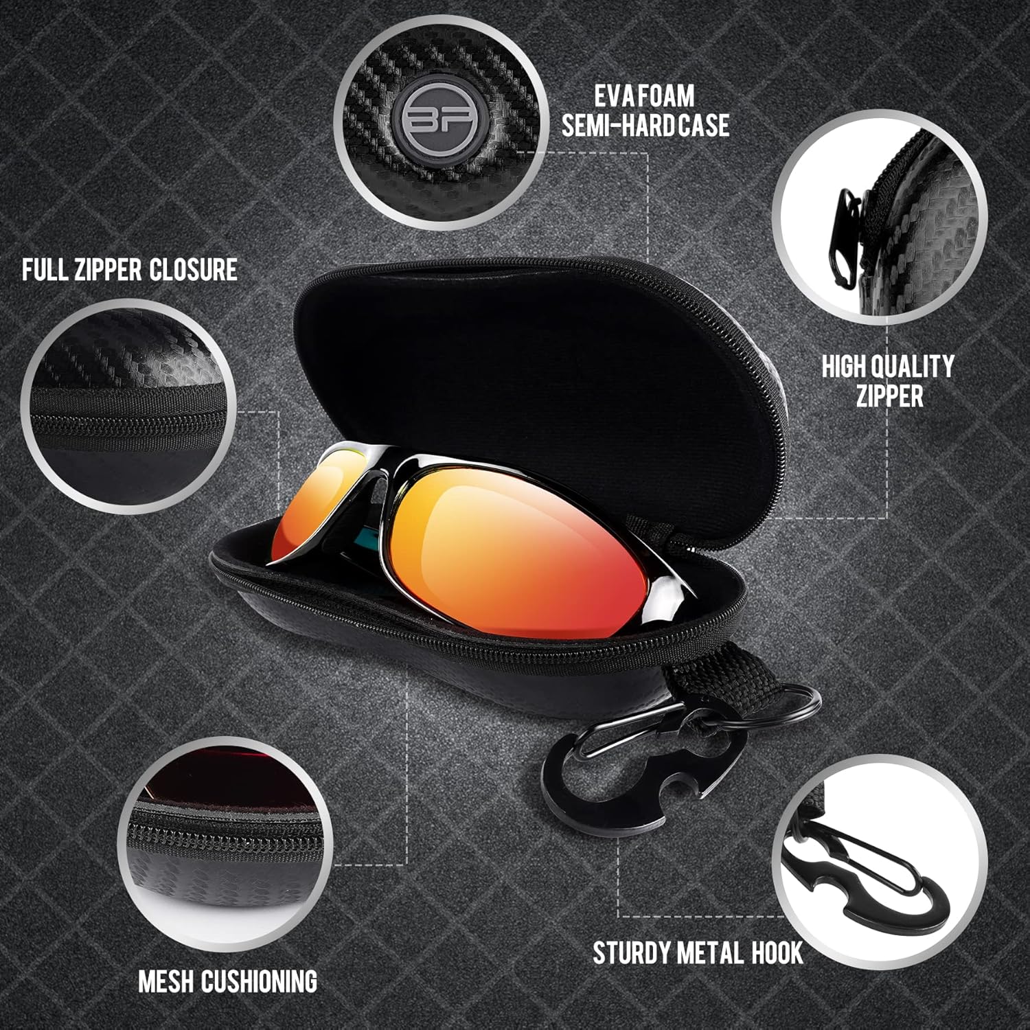 BLUPOND Sunglasses Case Semi Hard EVA Shell with Metal Hanging Hook Belt Clip Sun Glasses Storage - Image 4