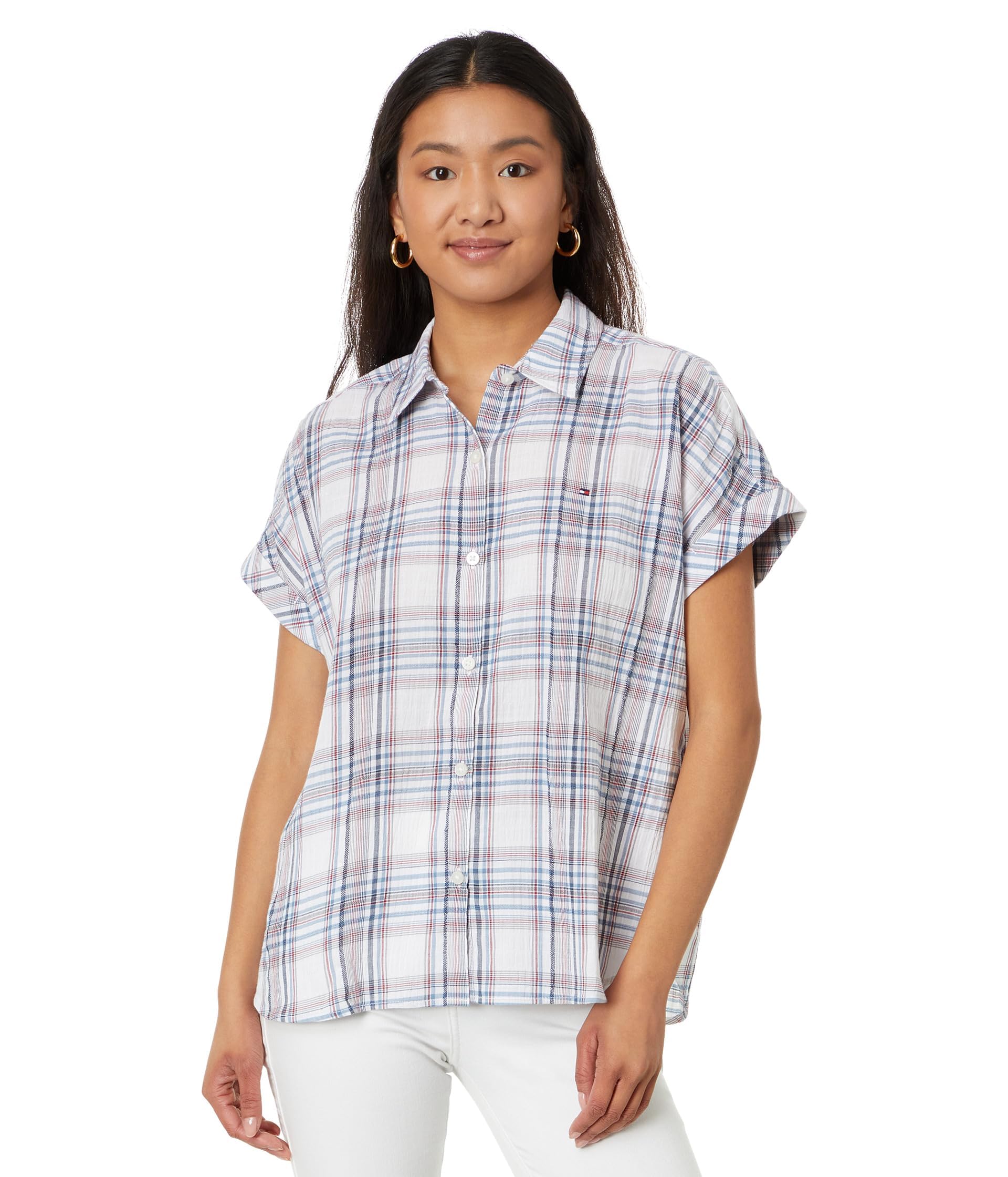 Tommy Hilfiger Damen Plaid Button Through Collared Shirt Kurzärmeliges Kariertes Hemd
