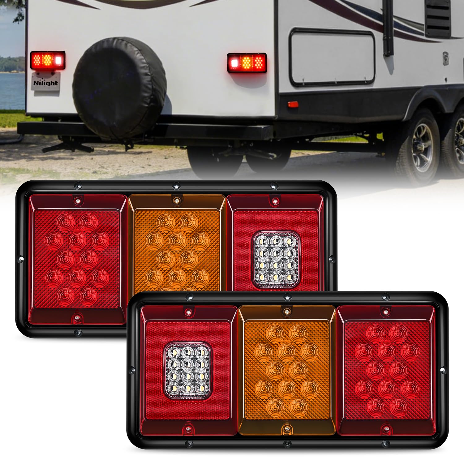 Nilight LED Triple Tail Lights 2PCS Rectangle Red Amber White Reverse
