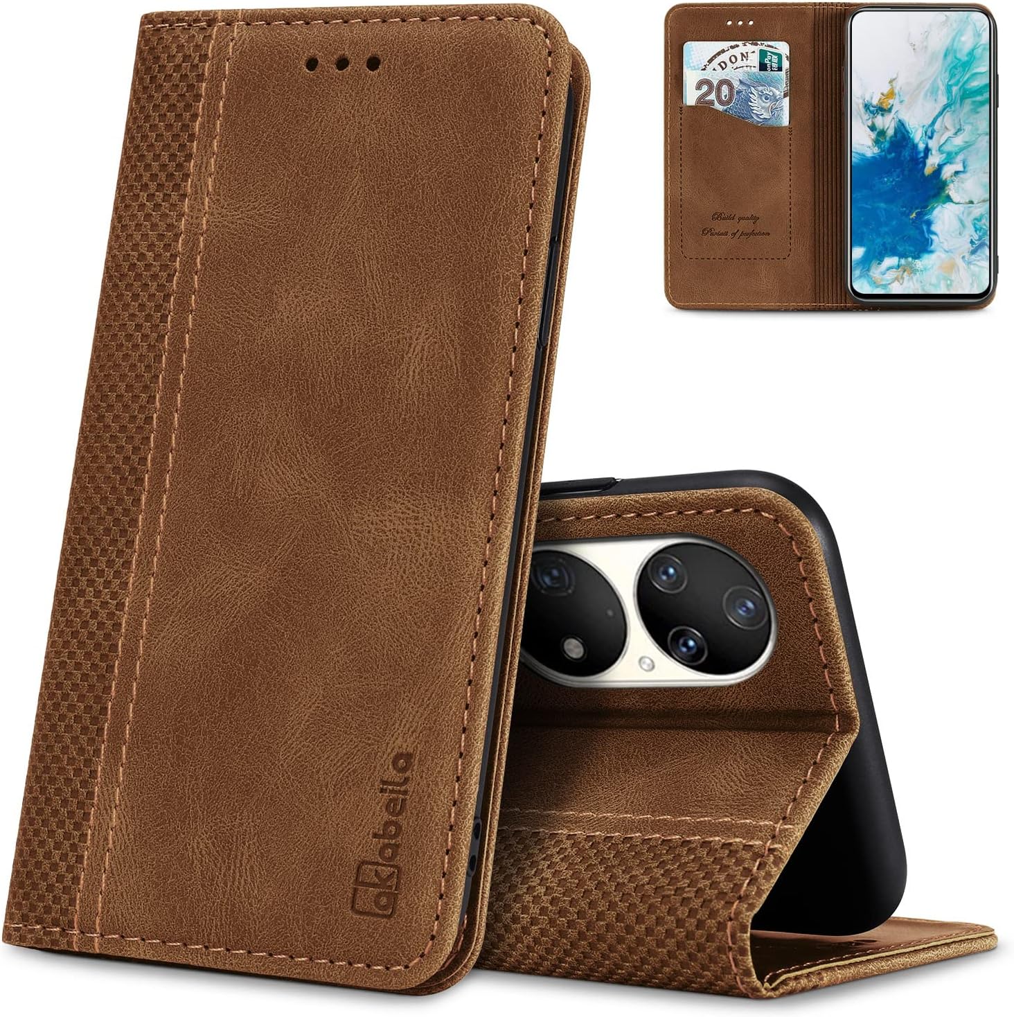 AKABEILA for Huawei P50 Pro Case Luxury PU Leather Flip Case for Huawei P50 Pro Flip Folio Wallet Case Women Men Cover with Card Holder Magnetic Closure Kickstand Shockproof 6.6" Light Brown