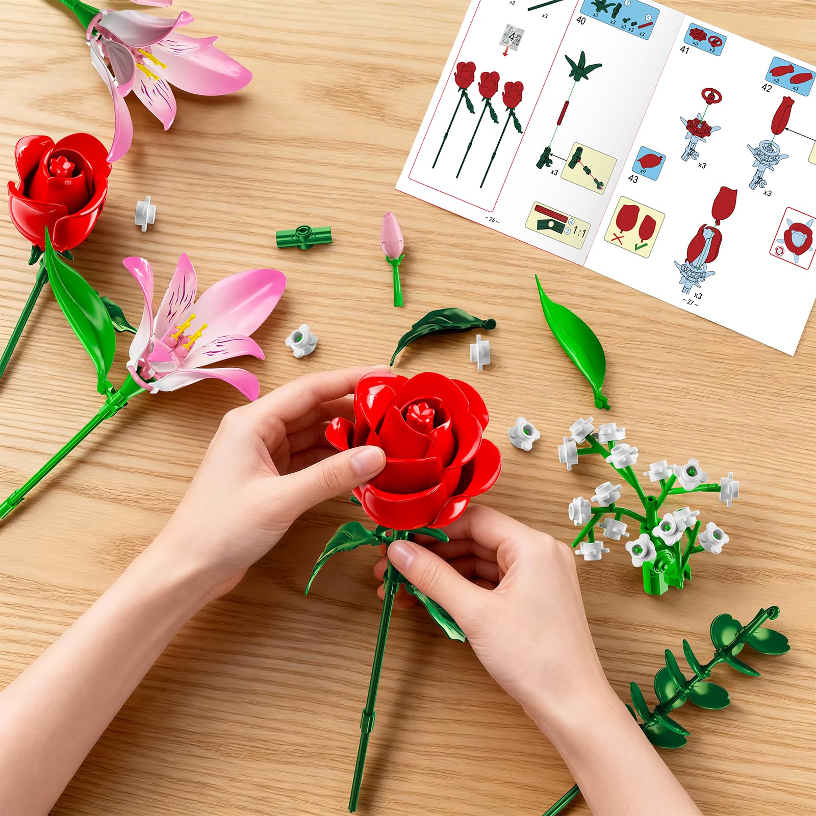 CUBIMANA Kit de Bouquet Fleurs avec LED - Roses Rouges et alstroemères Roses, Collection botanique 22 Fleurs artificielles, décoration Plante intérieure, Cadeau pour Femmes/Adultes