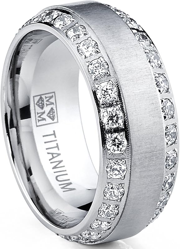 Metal Masters 1.8Ct Men's Titanium Dome Brushed Finished Wedding Band Engagement Ring with Cubic Zirconia, 8mm
