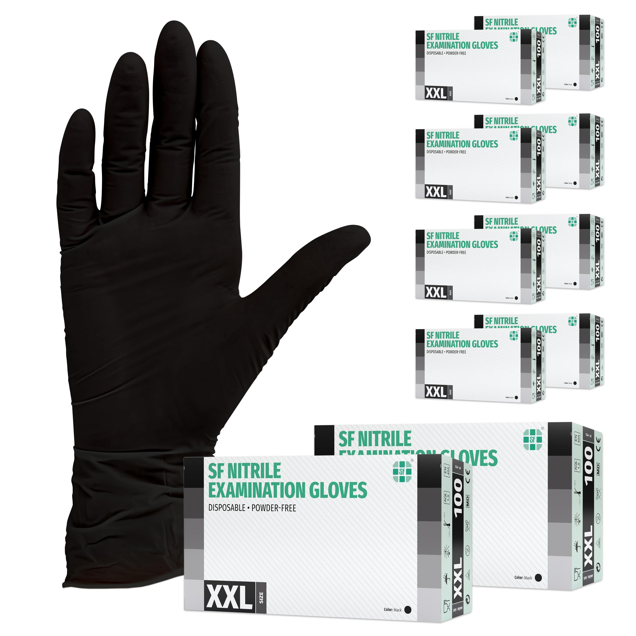 SF Gants nitrile XXL noirs – 1000 (10x100) gants jetables, non poudrés, sans latex, résistants, pour la cuisine, l’usage médical, le ménage, la mécanique, le tatouage, la coiffure, l’usage alimentaire