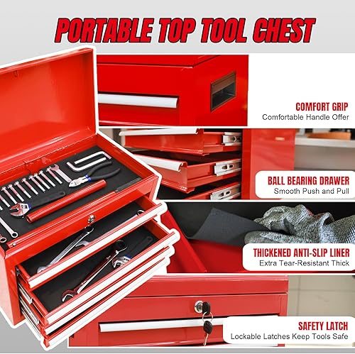 Miniatura 6 de Torin Caja de herramientas con ruedas de 5 cajones caja de herramientas de metal con ruedas, caja de herramientas superior extraíble, forro, estante