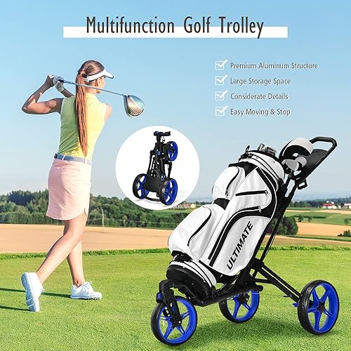 Miniatura 7 de Tangkula Carrito de golf con rueda delantera giratoria de 360, carrito de golf plegable de aluminio de 3 ruedas, carrito de golf con correa