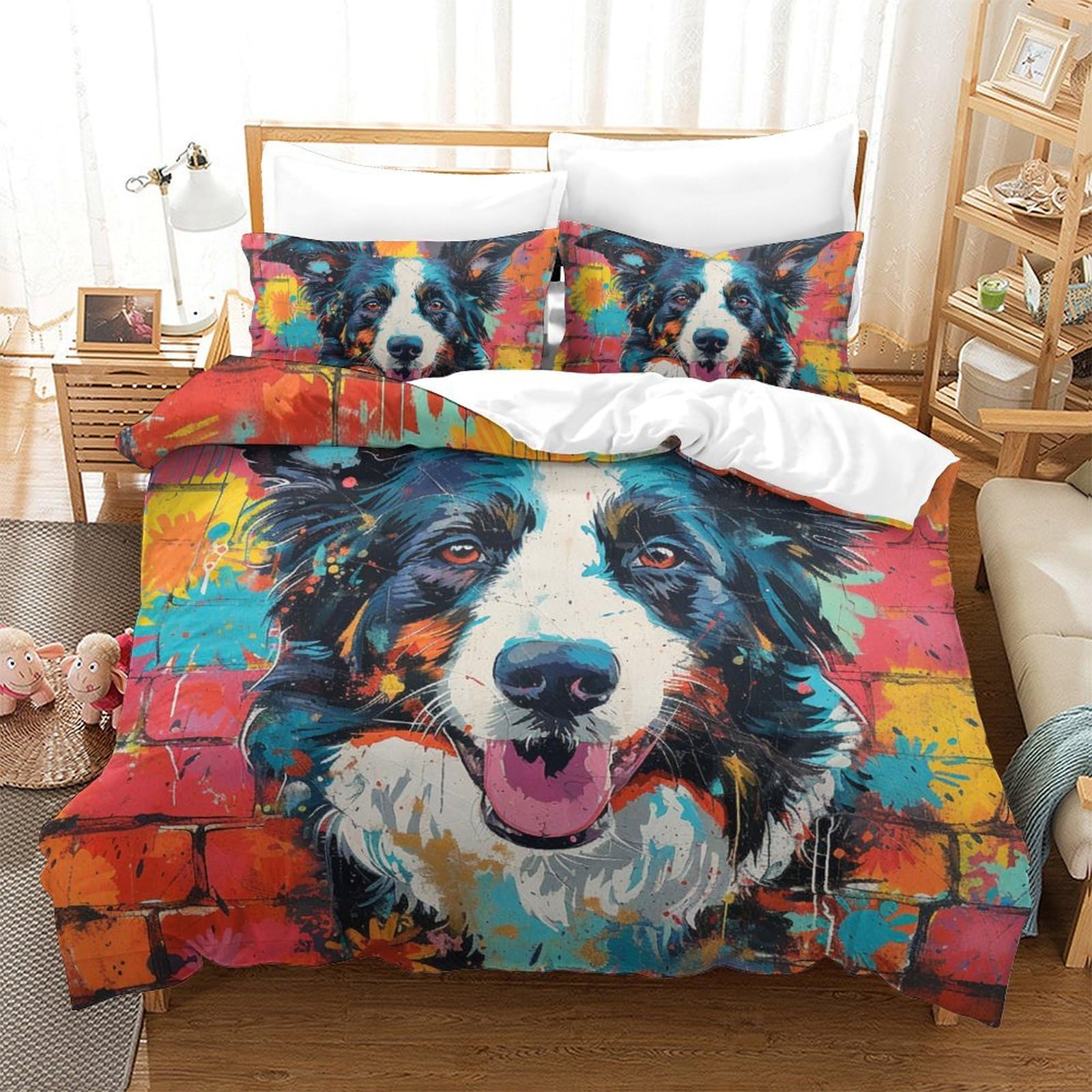 Parure de lit king-size en microfibre douce et zippée avec motif border collie réaliste