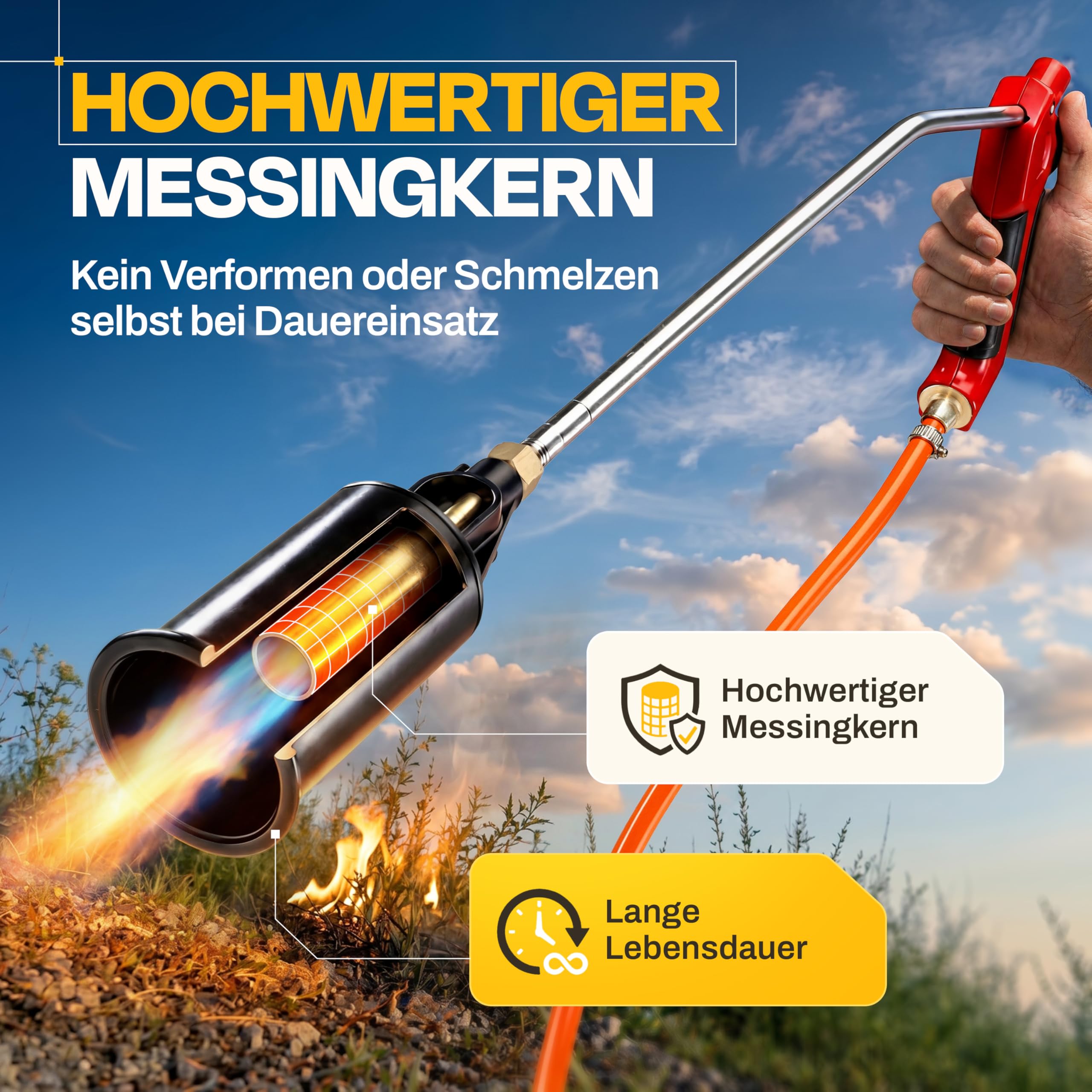 Unkrautbrenner Gas 2-in-1 – Abflammgerät mit Piezozündung für Gaskartusche & Gasflasche - bis 1.500 °C – stufenlose Flammenregelung – chemiefreie Unkrautentfernung für Garten & Hof
