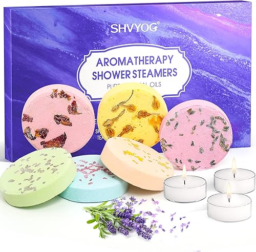 Vaporizadores de ducha para aromaterapia, 6 bombas de ducha con aceites naturales esenciales, bombas de baño para aliviar el estrés con 3 velas de