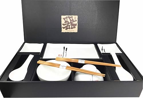 Miniatura 7 de Vajilla japonesa de cerámica para sushi de caligrafía de hojas antiguas estilo Enzo, juego de 10 piezas para dos pares de platos de sushi, cuencos