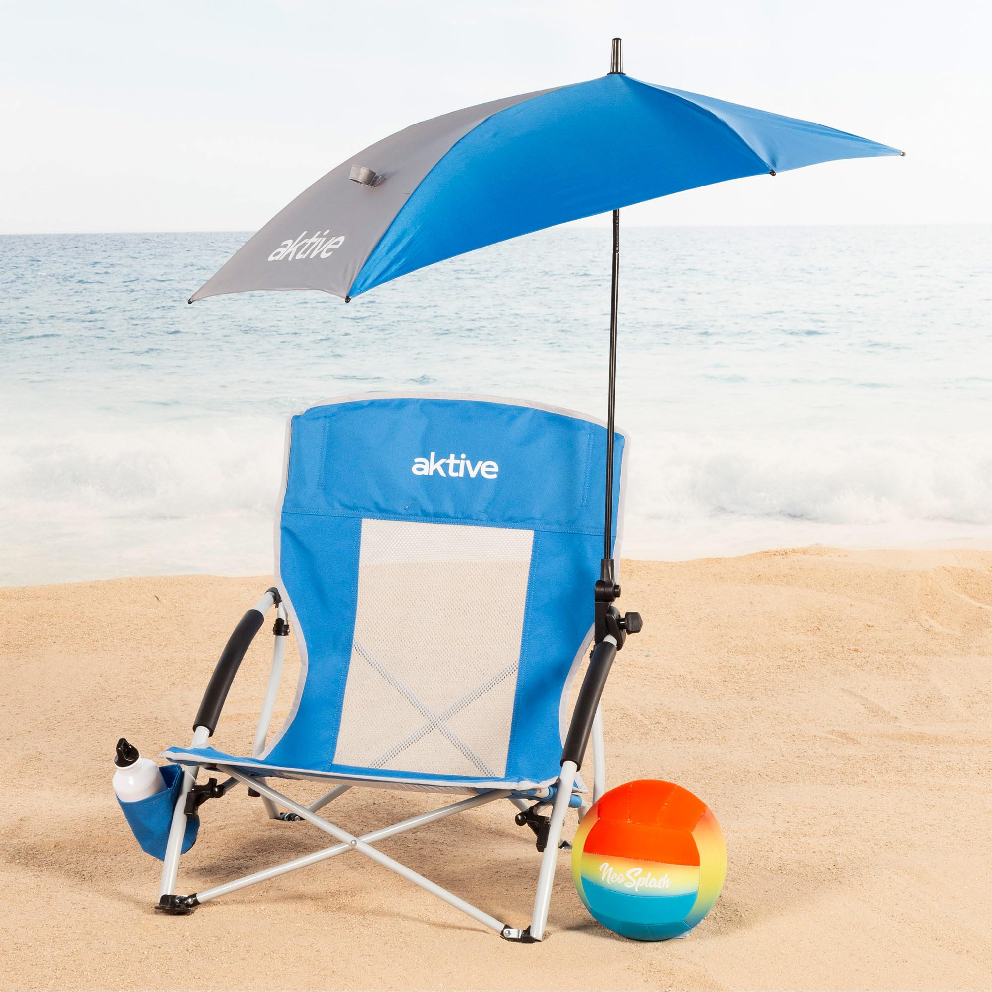 AKTIVE Silla plegable con sombrilla y posavasos, 50x49x65 cm, Silla camping portátil, Silla playa plegable, Silla con sombrilla, Silla con posavasos, Bolsa de transporte (62527)