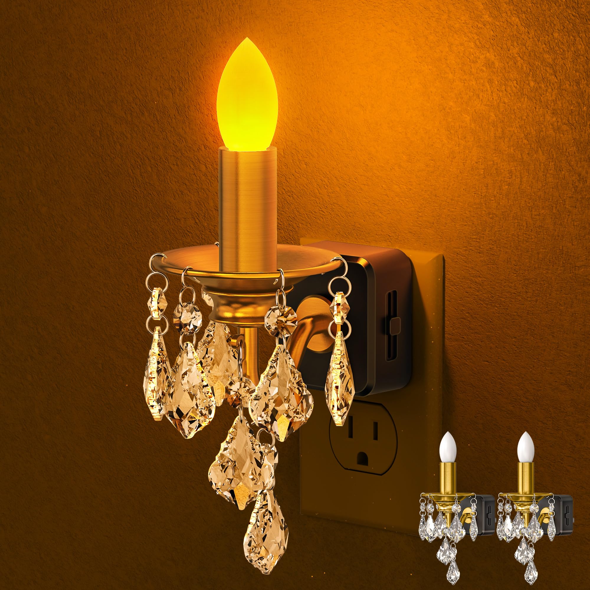 Briignite Chandelier Night Lights Plug into Wall 2 Pack, Amber, Dimmable