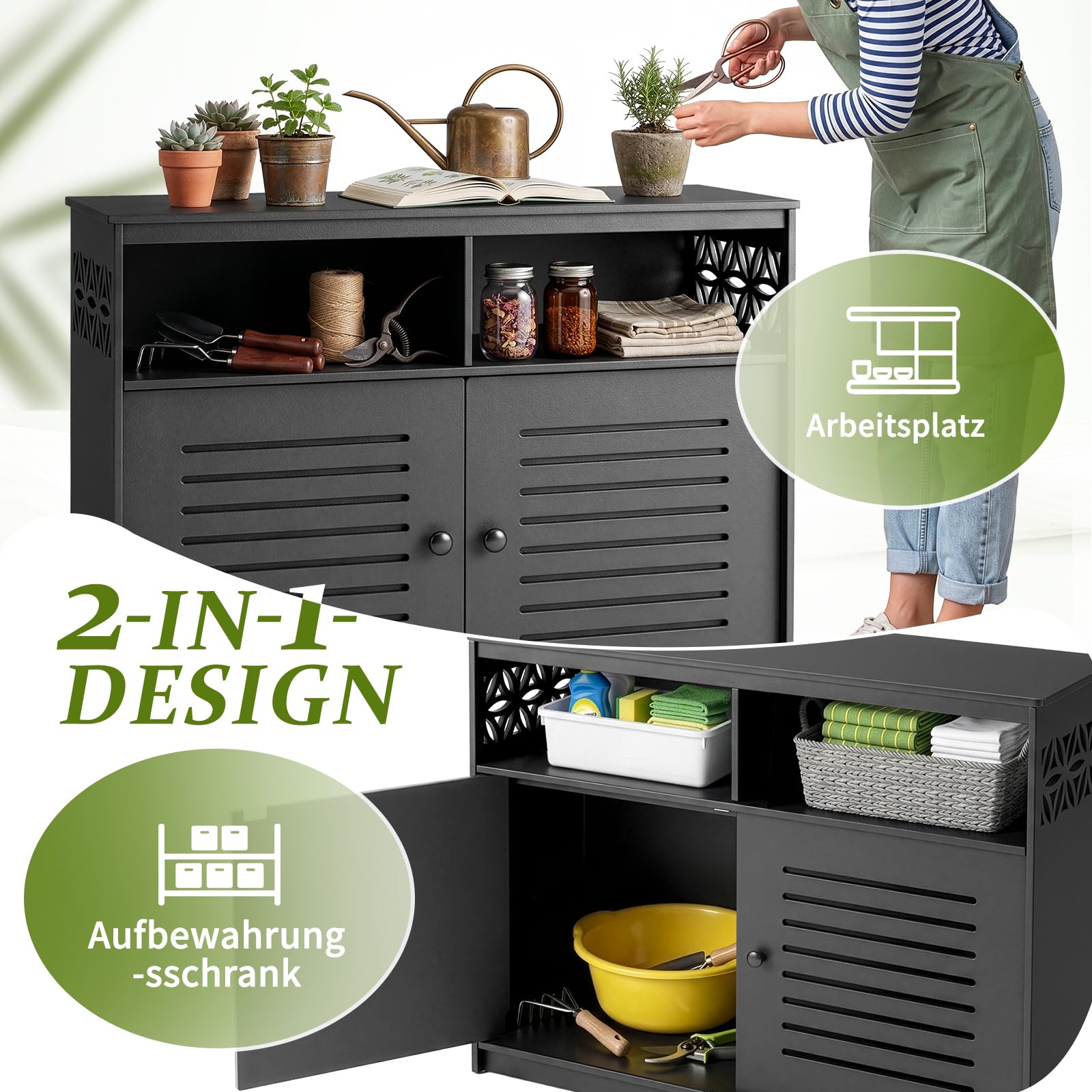 Gartenschrank mit Staufächern, Gartenschrank wetterfest Outdoor, 107 x 39 x 80 cm, Hochwertiges PVC-Material, Leicht zu pflegen und zu reinigen, Schwarz
