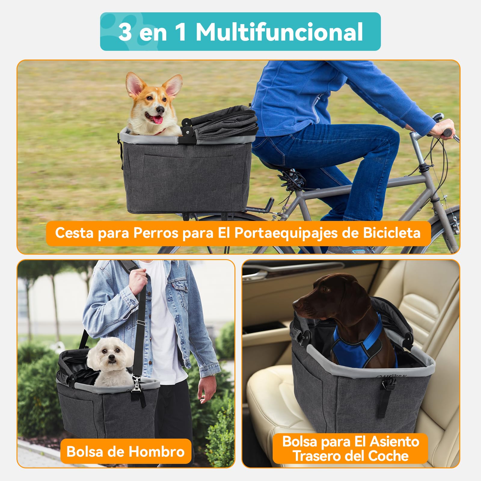 Cesta Trasera Plegable para Perro Gato hasta 12KG con Marco Metálico, Montaje Rápido, Ventana de Malla, Cojín Suave, Tiras Reflectantes, Compatible con Bicicletas Eléctricas y Urbanas