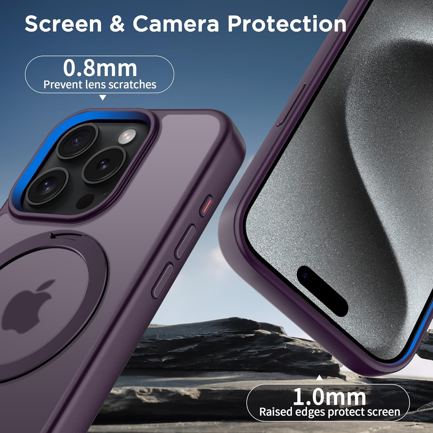 CACOE Magnetic Case for iPhone 15 Pro 6.1 inch with 360° Rotatable Ring Stand,Compatible with MagSafe Car Phone Mount,Cover Phone Holder for Desk Meeting Dark Purple
