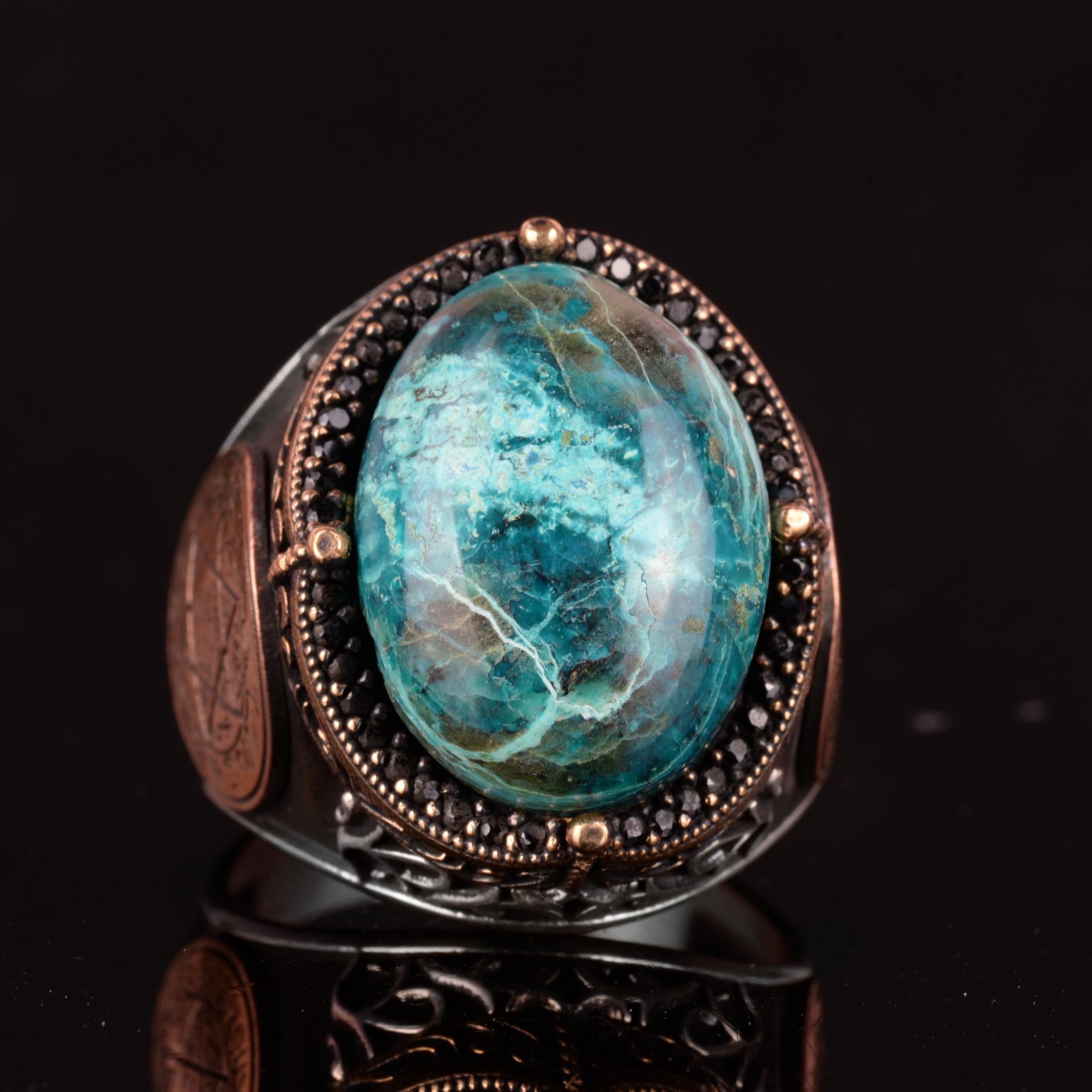 KAMBO Anillo de plata con sello de Salomón, anillo de piedra preciosa de crisocola natural real, de plata de ley maciza de 925 quilates, para hombre, piedra preciosa de, crisocolla