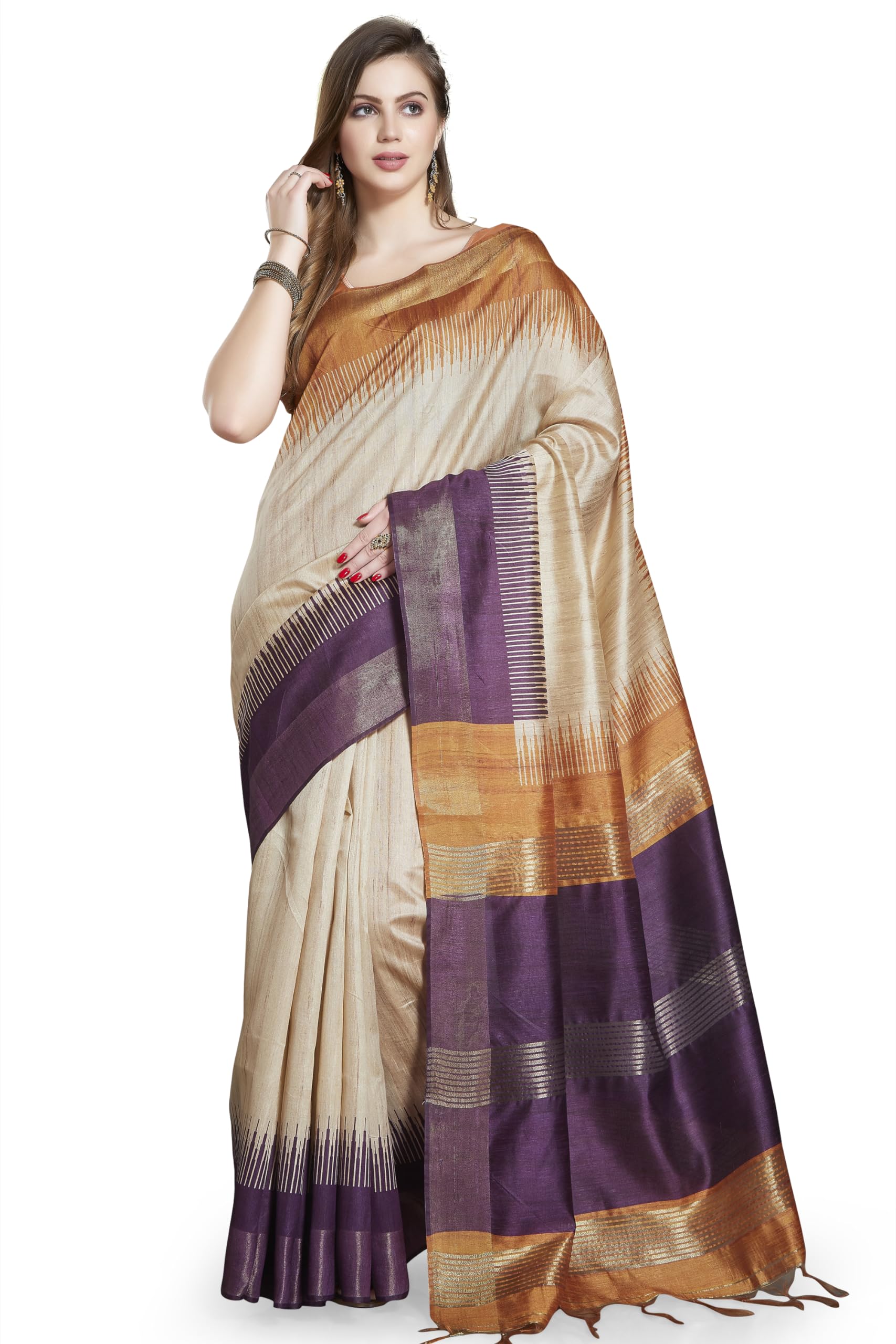 rani saahiba Women's Printed Art Tussar Silk Zari Border Saree With Blouse Piece-picture-19