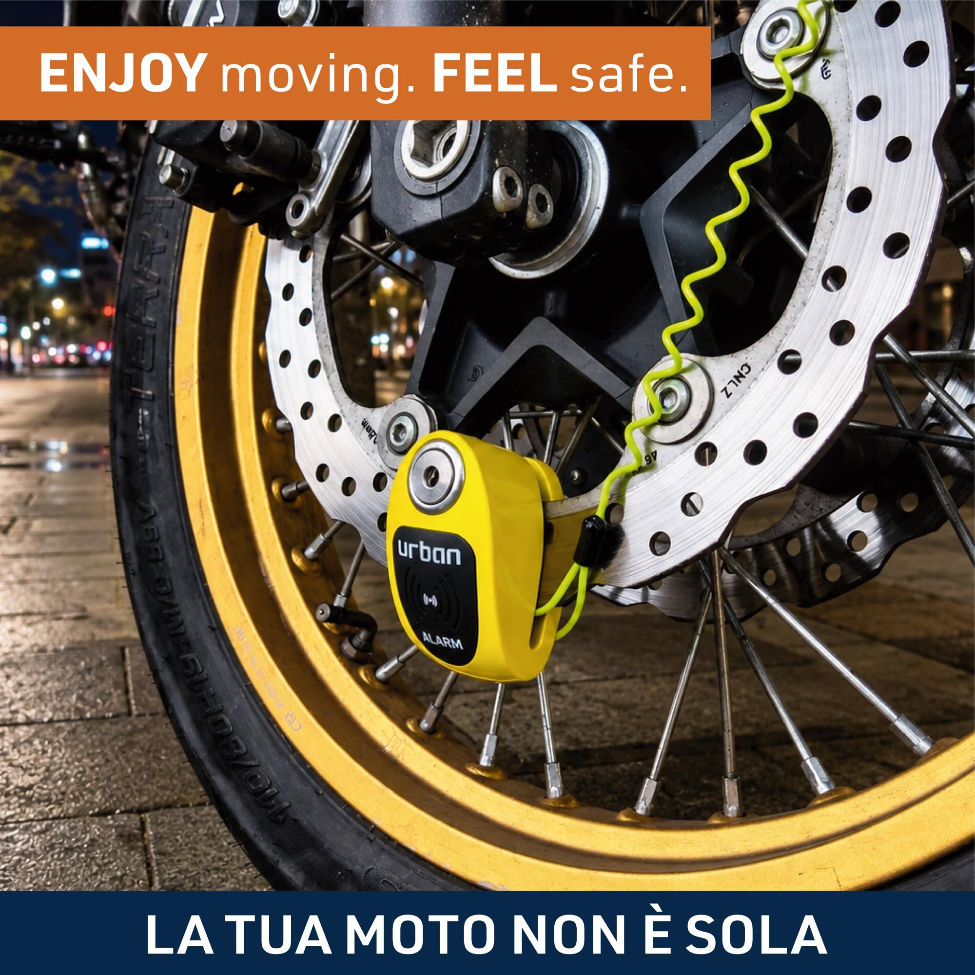 URBAN UR910Y Bloccadisco Moto con Allarme 120 dB, Giallo+Nero in Acciaio Inox Verniciato +Dissuasivo, Omologato SRA e Sold Secure Gold, Doppia Chiusura Ø10 mm, Lucchetto Antifurto Blocca Disco Moto