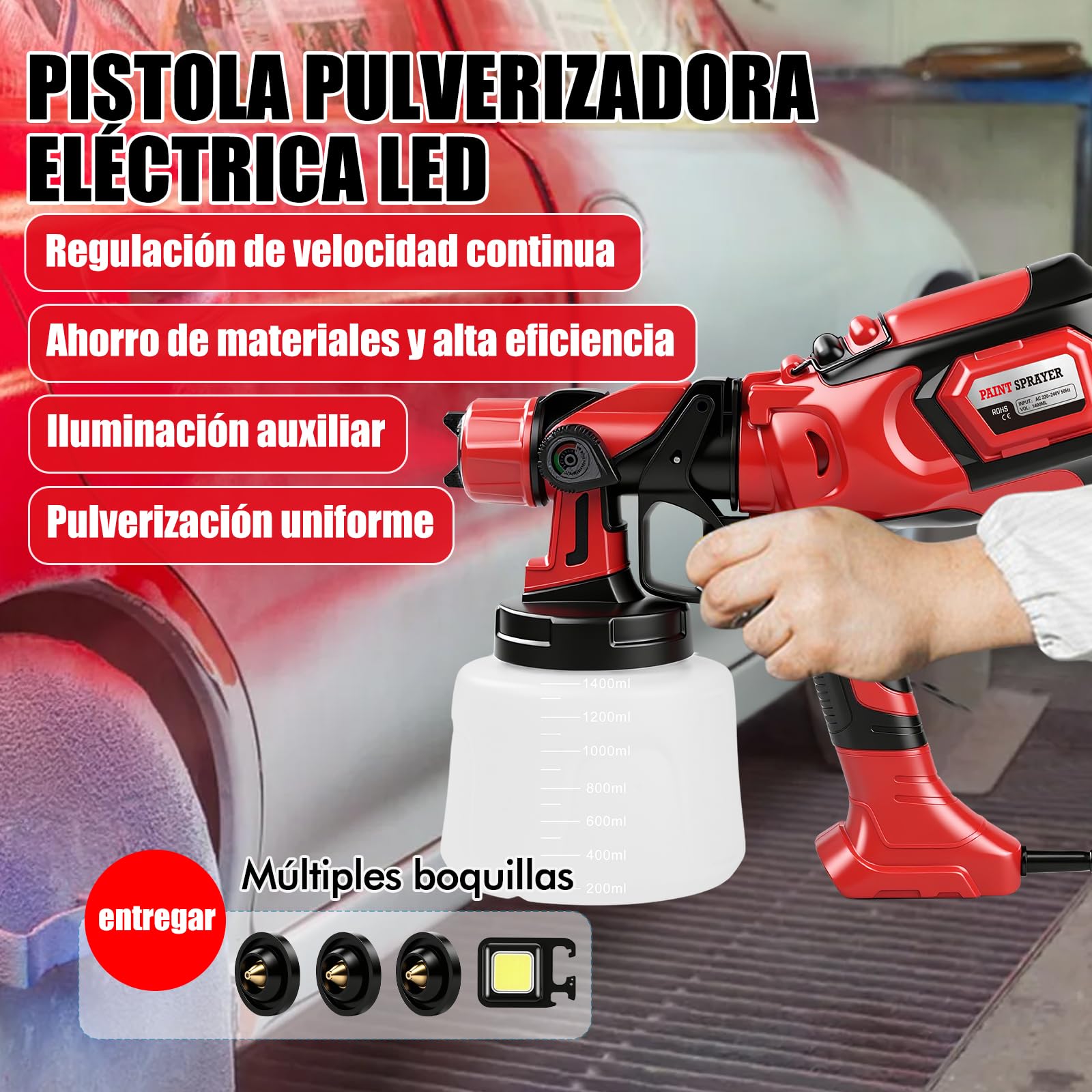 Pistola Pintura Electrica, 650W 1400ml Pulverizador De Pintura Profesional Electrico con 3 Boquillas Y 3 Patrones, Hvlp Pistola para Pintar Paredes Y Techos con Flujo Y Ancho De Rociado Ajustables