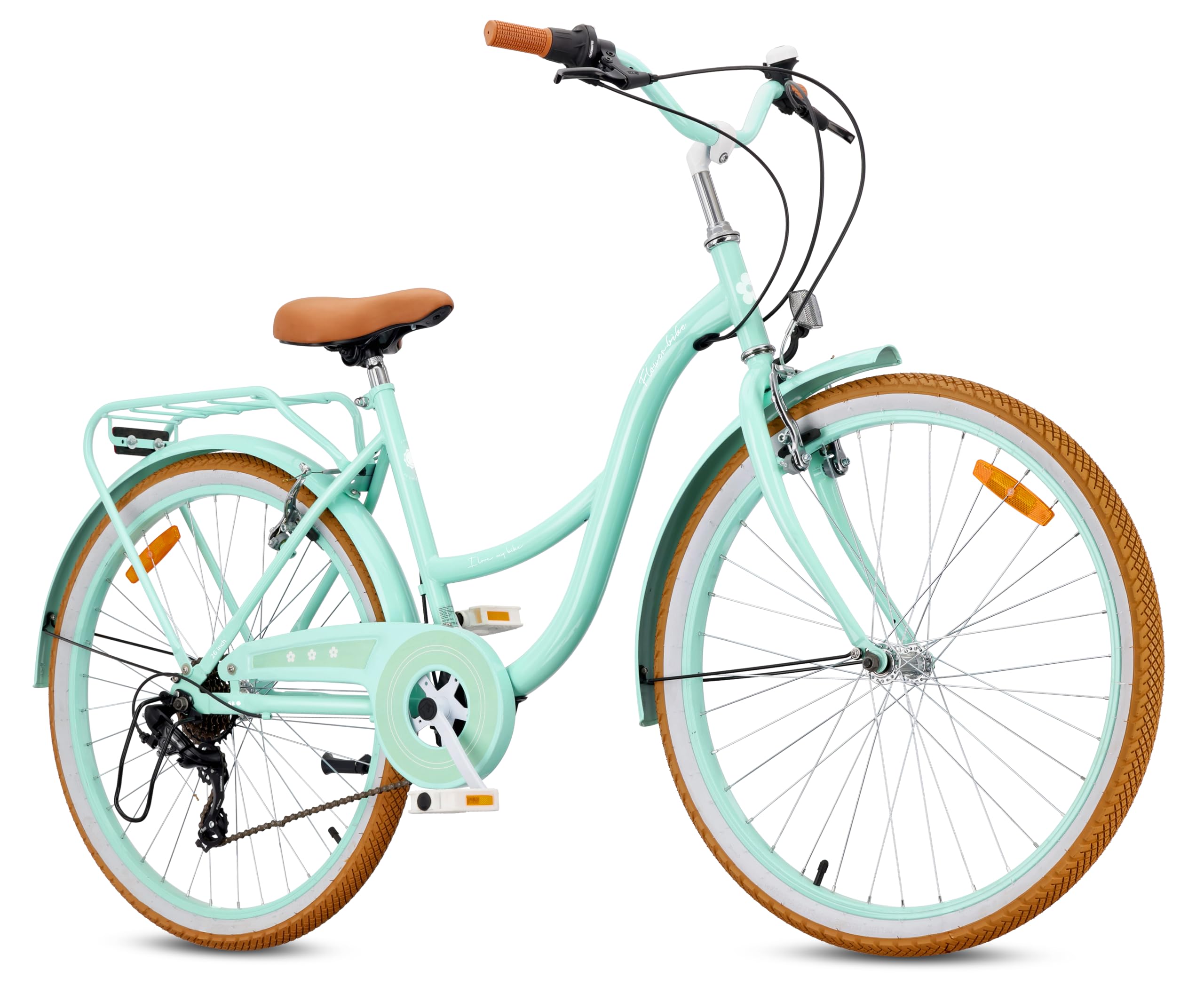 sun baby FLOWER BIKE RETRO – bicicletta donna 26 pollici, Shimano 7 velocità, portapacchi, cavalletto, parafanghi, copricatena, city bike retrò