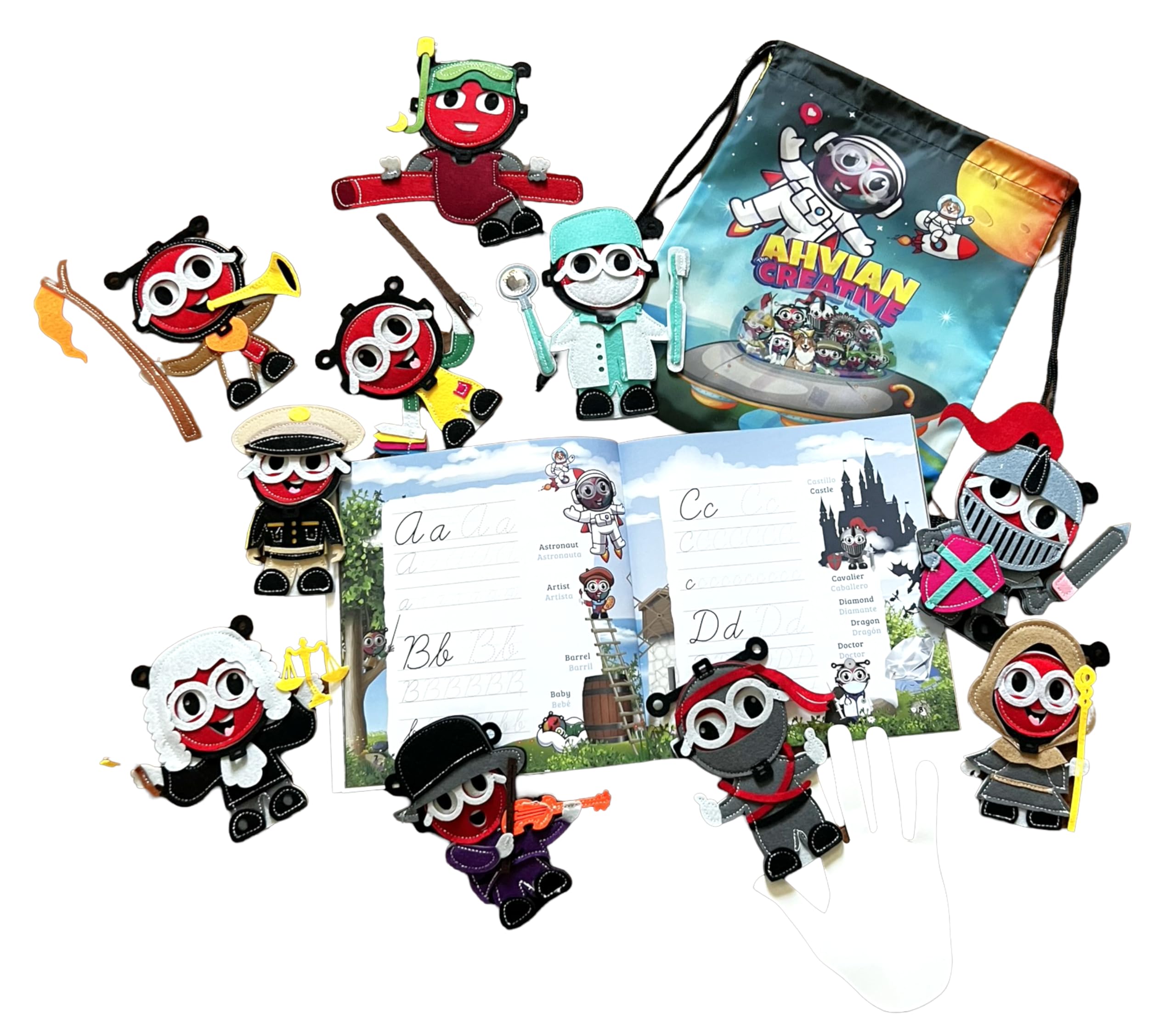 Learning Bundle for Kids: Bilingual Caligraphy Book (AhvianTheCreative Cursive) + Finger Puppets of Book Characters (Washable, Sensorial) + String Bag