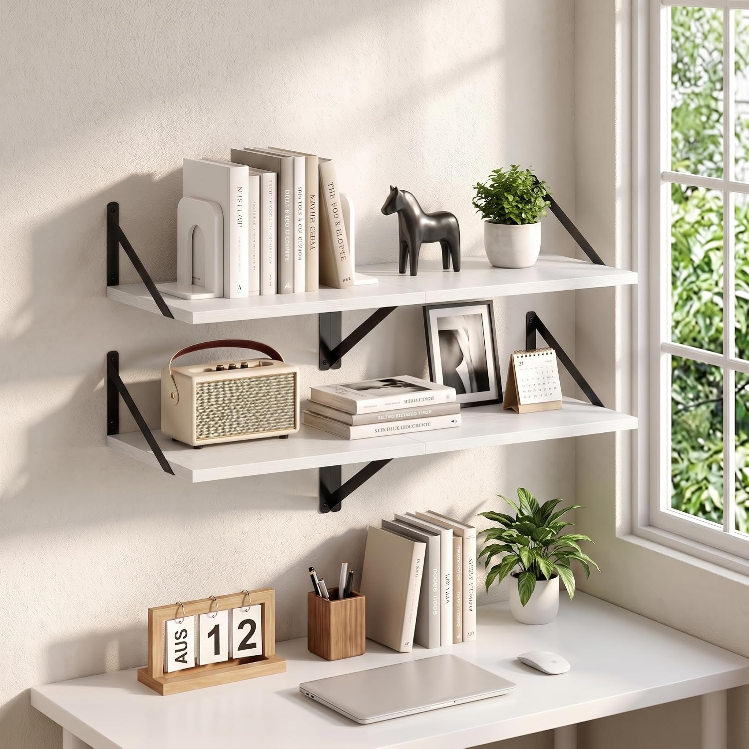 Vivelove 16" x 12" Deep Floating Shelves Set of 2, Rustic Wide Wall Mounted Display Racks for Living Room, Kitchen, Bedroom, Books, Plants & Collectibles, Easy Install with Hardware - White image 2
