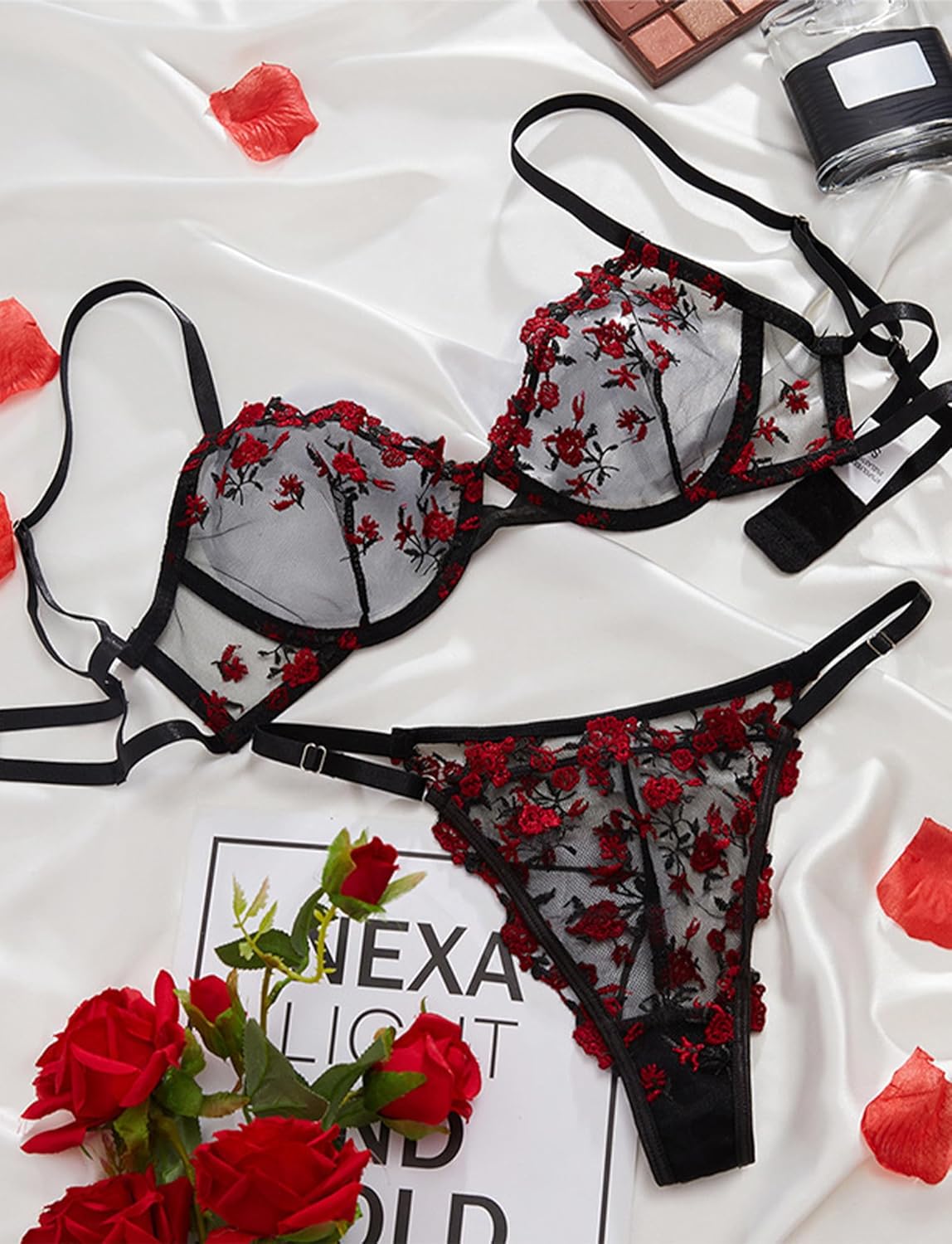 FEOYA Sexy Lingerie for Women Matching Lace Bra and Panty Sets Embroidered Mesh Push Up Bralette Thong Underwear Two Piece - Image 2