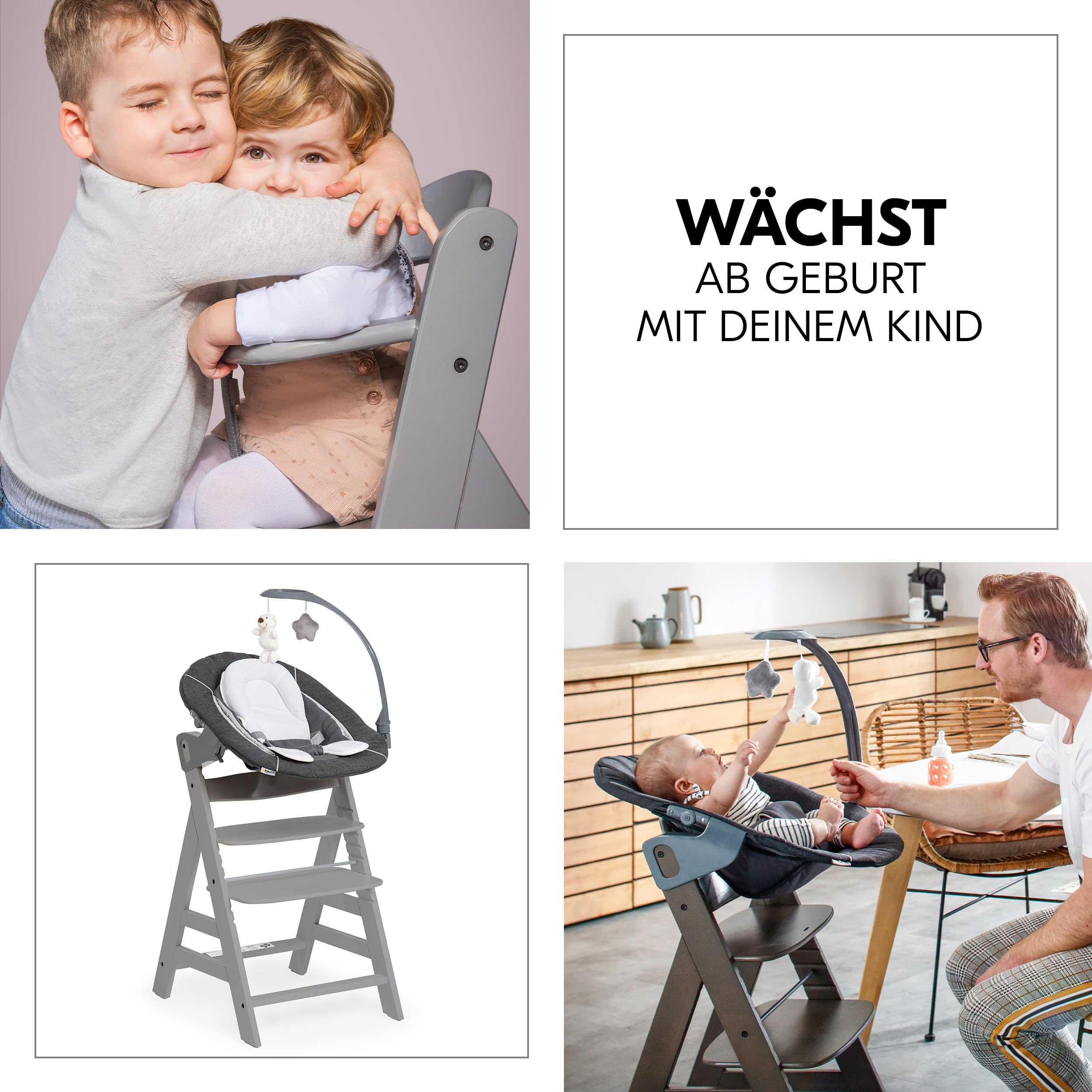 hauck Alpha+ Hochstuhl Newborn Set mit Deluxe Bouncer - Grau | Mitwachsender Holz Kinderhochstuhl ab Geburt bis 90 kg | inkl. Neugeborenenaufsatz & Sitzkissen