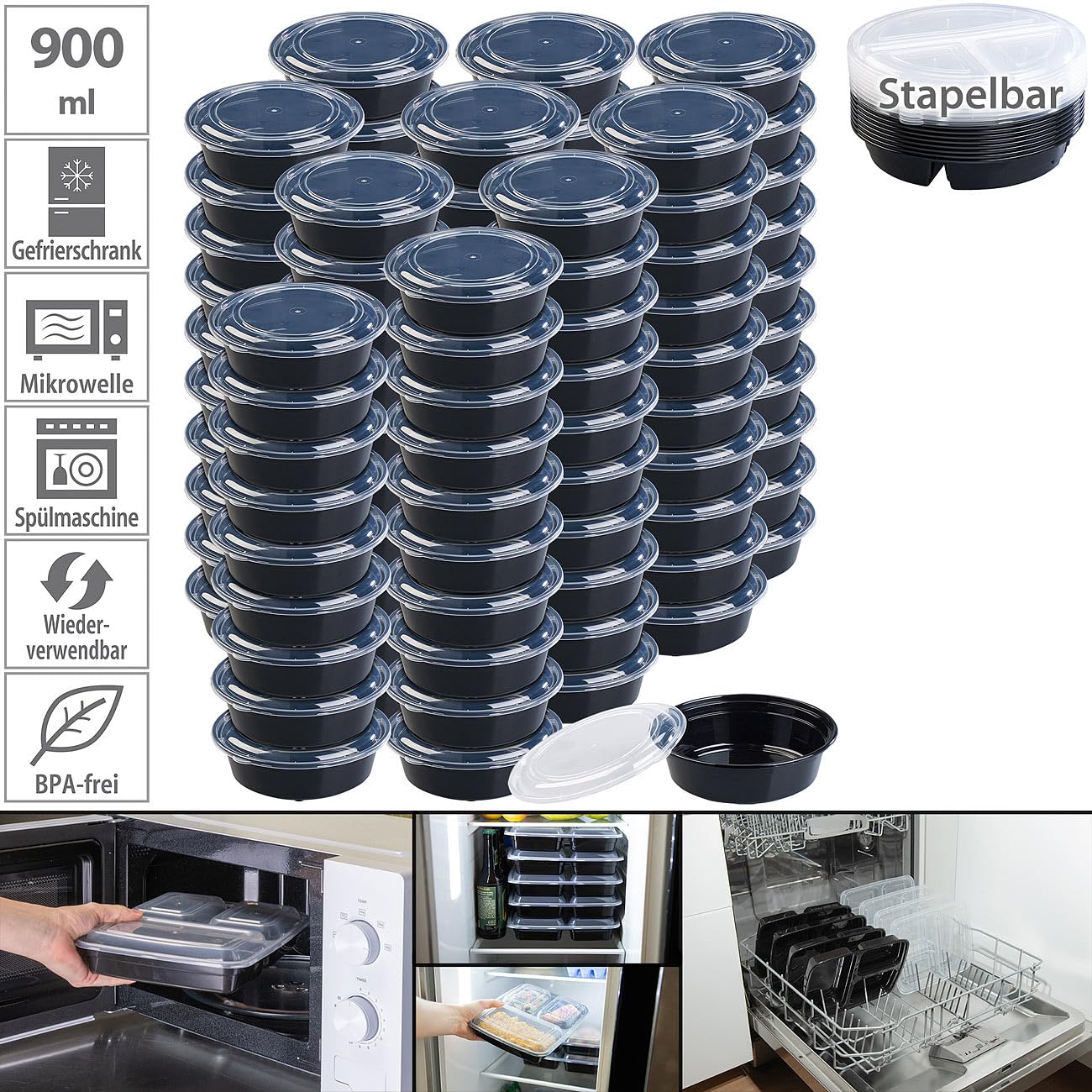 Rosenstein & Söhne Lunchbox-Set: 100er-Set Lebensmittel-Boxen mit Deckeln, 900 ml, rund (Frühstückdose, Boxen mit Trennfächern, Frischhaltedosen)