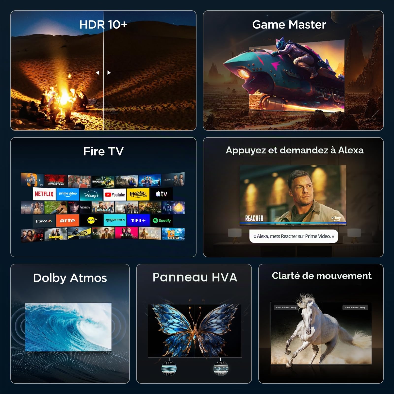 TCL 75V6D 75 Pouces 4K HDR, Fire TV, HDR10+, Dolby Atmos, DTS:X, Game Master, Motion Clarity, AirPlay 2, Press & Ask Alexa
