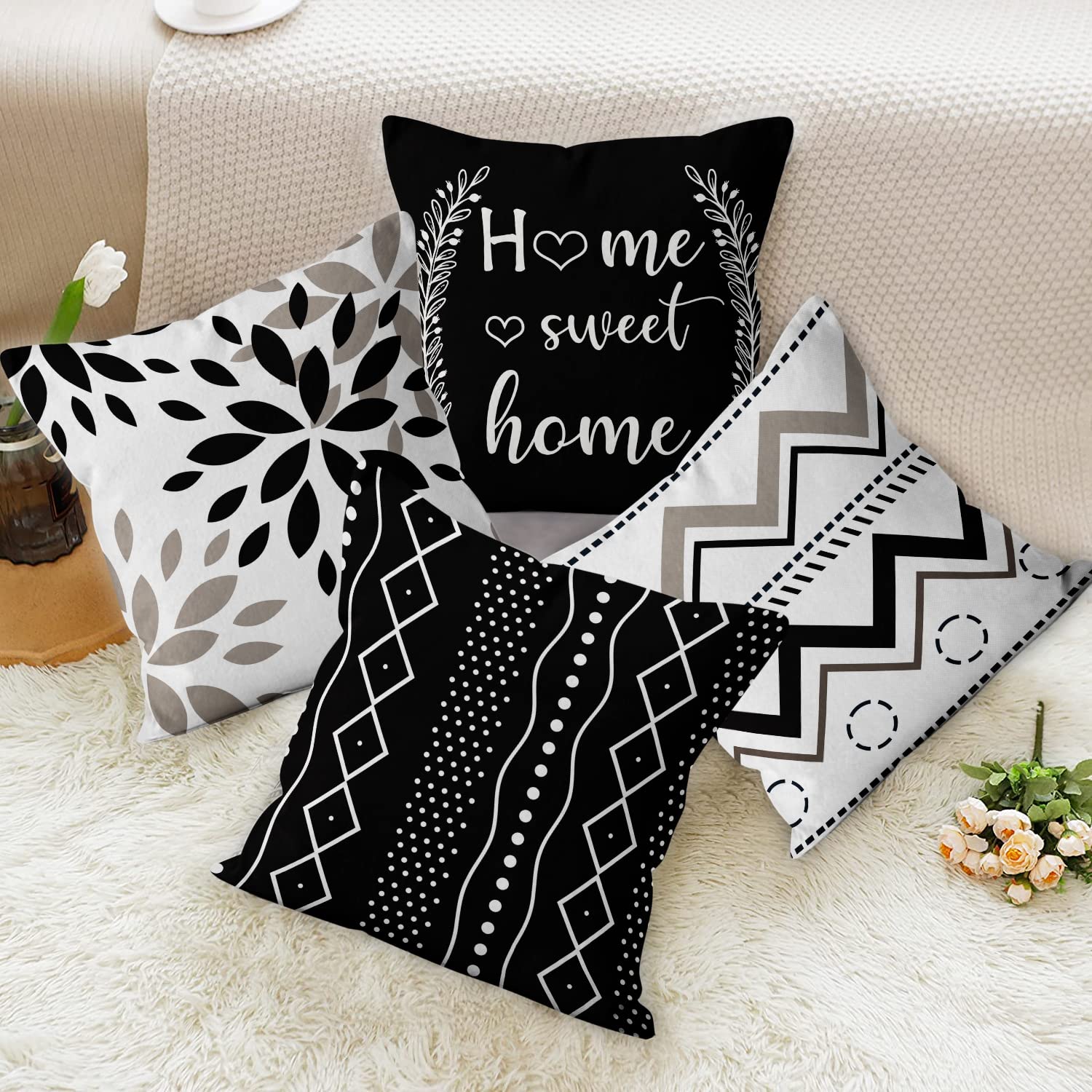 Set Di 6 Federe Cuscini Decorative In Cotone E Lino - Motivo Geometrico Nero, 45x45 Cm, Per Divano E Ufficio