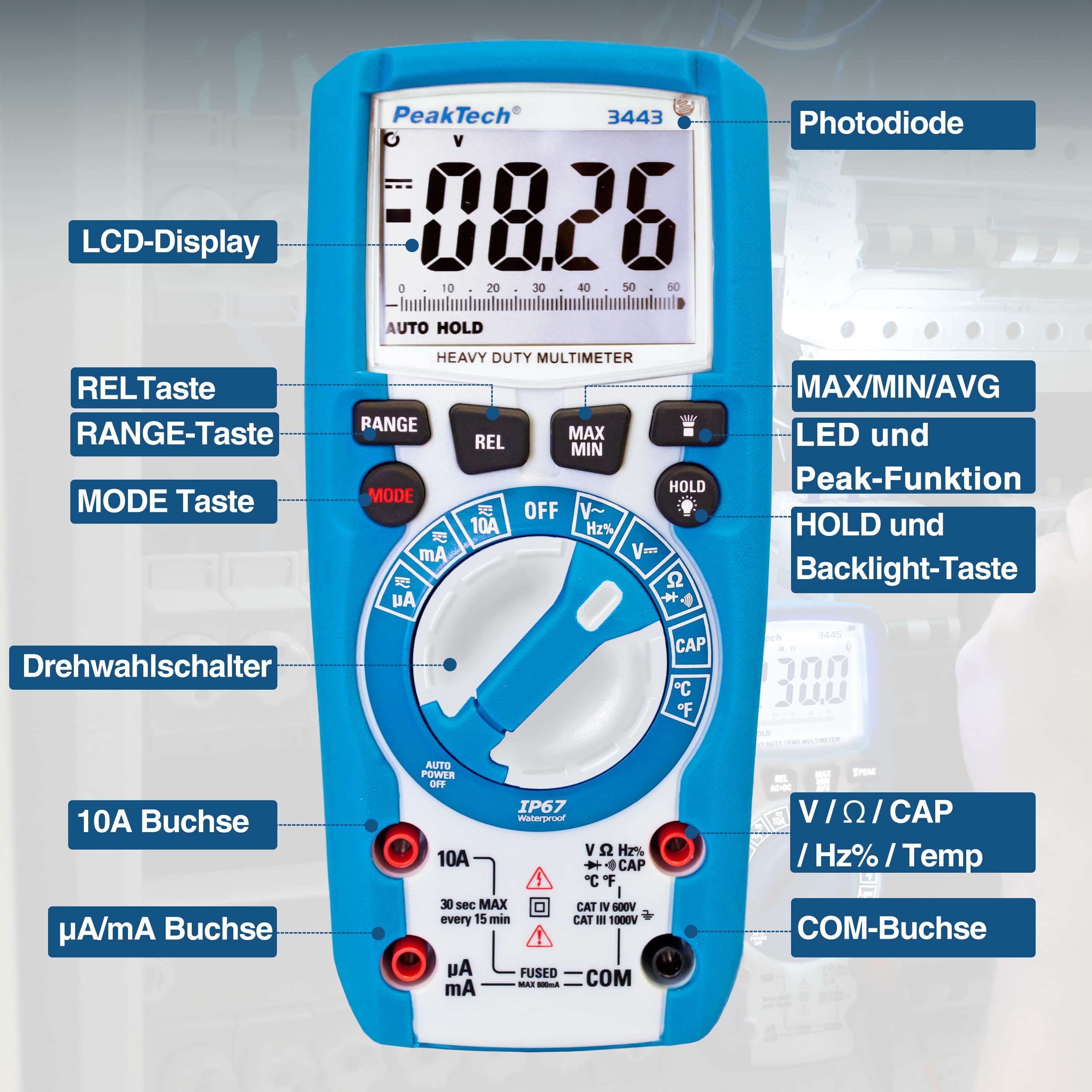 PeakTech 3443 – Multimetro digitale con illuminazione a LED, Impermeabile (IP67), 6000 conteggi, Custodia estremamente robusta, Multimetro tascabile, Voltmetro, Tester di continuità - CAT III 1000V