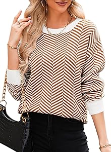 Dokotoo Women's Crewneck Cute Sweaters 2024 Striped Colorblock Fall Winter Knitted Pullover Tops