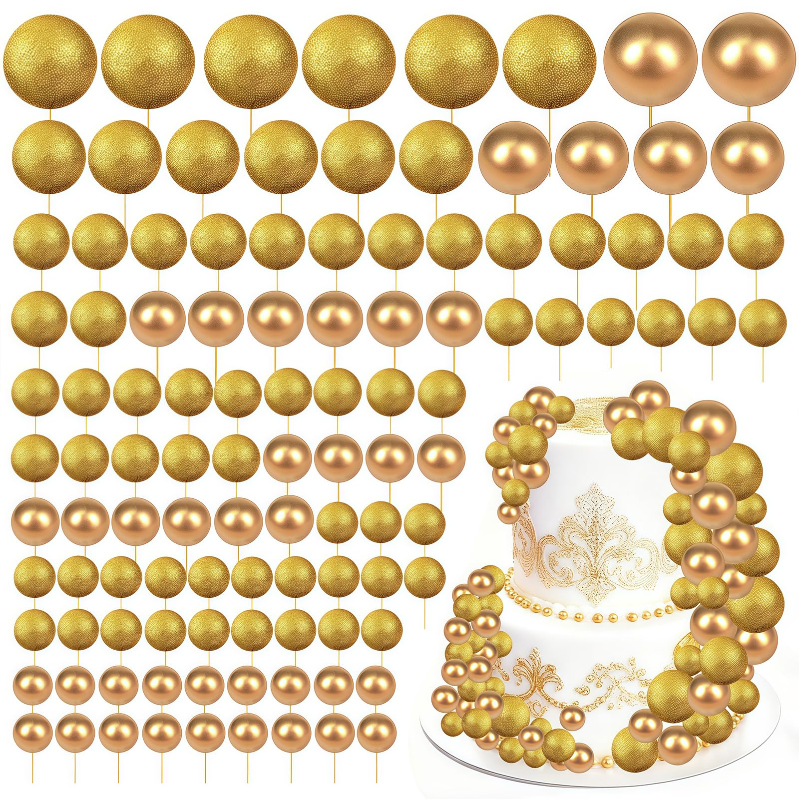 Round Ball Cake Toppers, 120 PCS Cake Balls, Ball Cake Toppers, Mini Balloons Cake, DIY Topper Insert Decoration for Wedding Party Birthday Decorating (120, Glitter Gold)