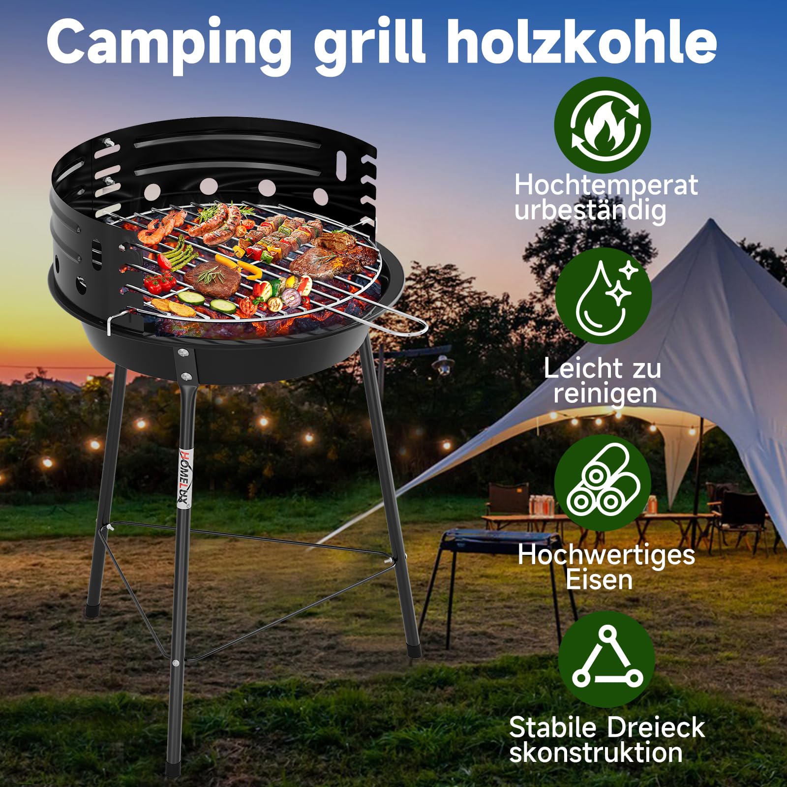 HOMELUX Barbecue a carbonella, triangolare, 34 x 53 cm | Stabile griglia per barbecue, ideale per picnic, giardino e campeggio