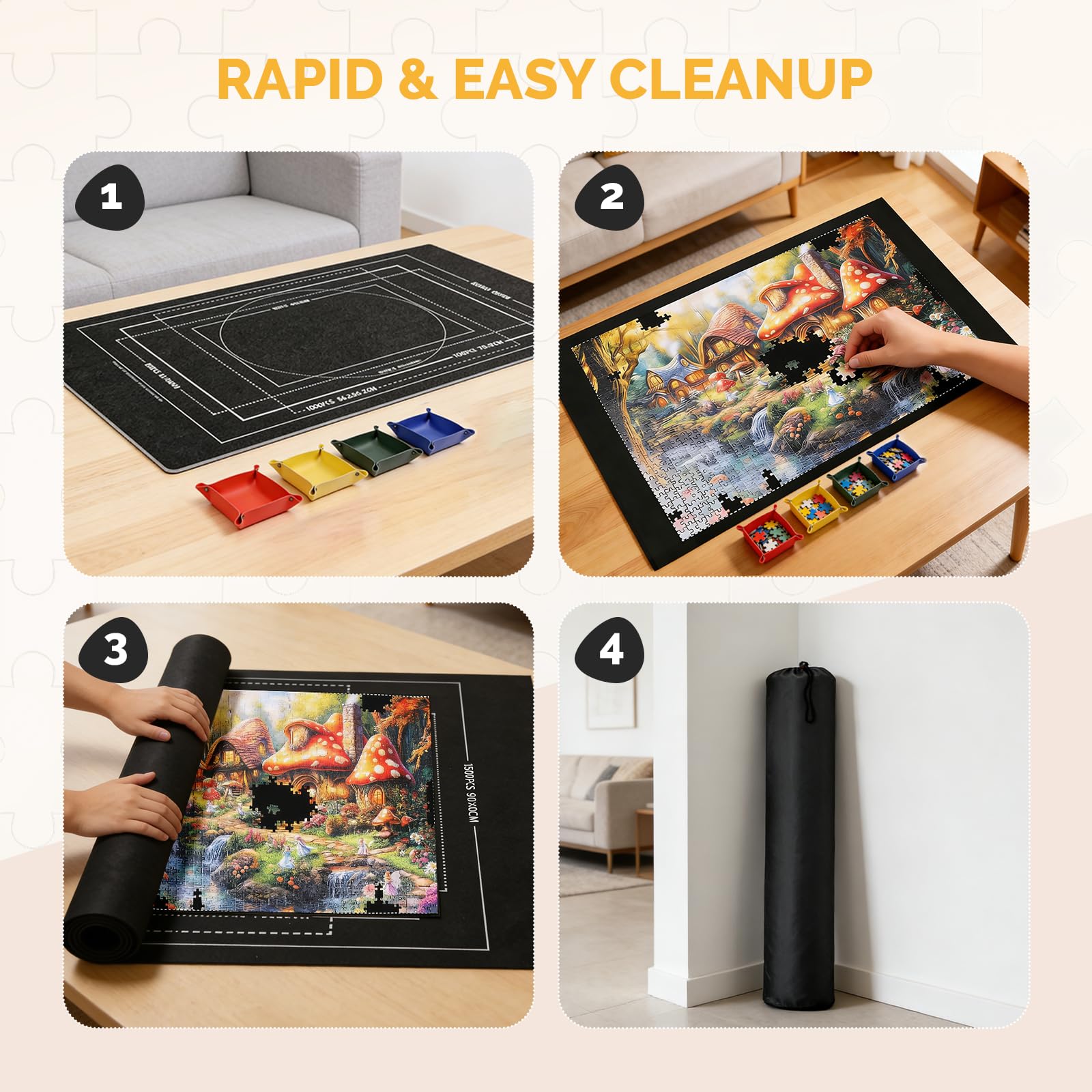 Puzzlematte bis 1500 Teile - Puzzle Rolle Matte mit Aufrollfunktion - rutschfeste Puzzleteppich - Tragbare Puzzleunterlage mit 4 Sortierschalen - Praktisches Puzzle Zubehör für Erwachsene