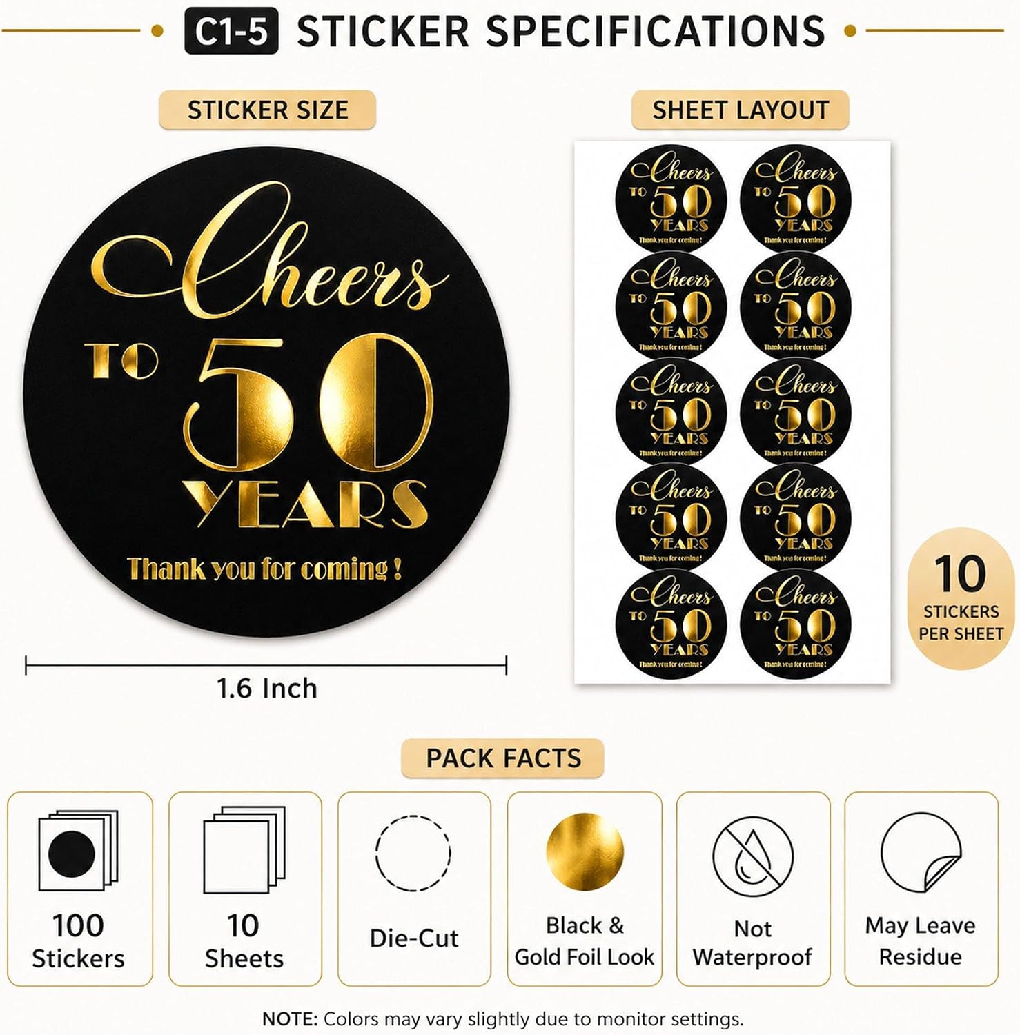 50th Anniversary Favor Bag Stickers: Cheers to 50 Years Gold Foil Labels
