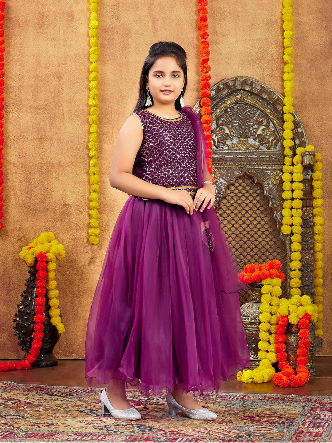Aarika Girls Ethnic Wear Purple Colour Sequin Embroidery Georgette Lehenga Choli Set Attached Bag (4-10 Years)