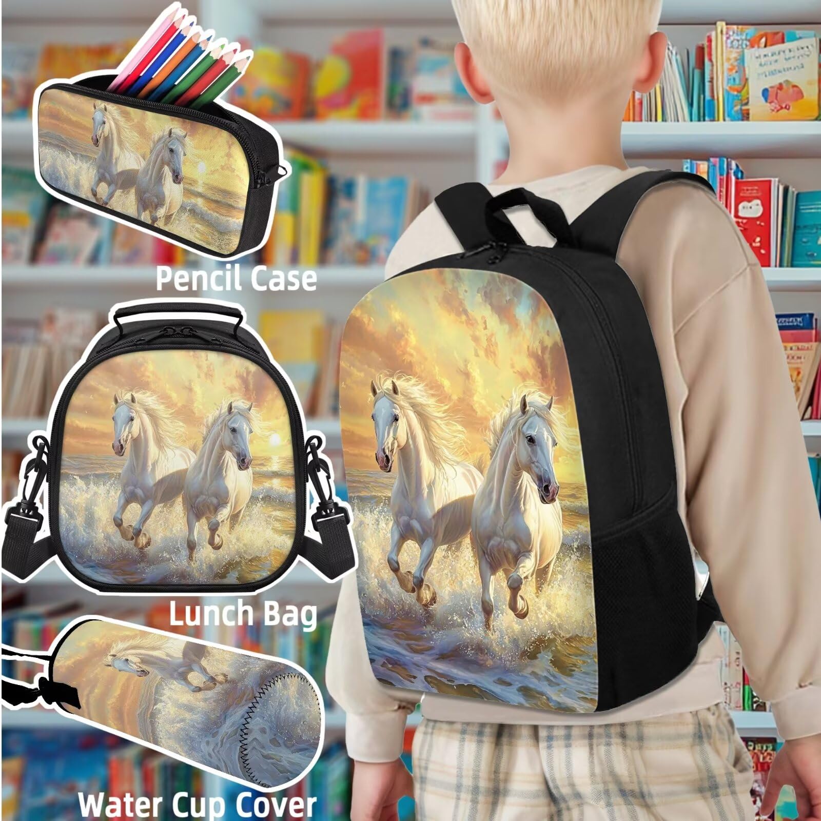 Juego de mochila escolar y bolsa de almuerzo para niños, con estuche para lápices, funda para botella de agua, Caballo blanco, Talla única