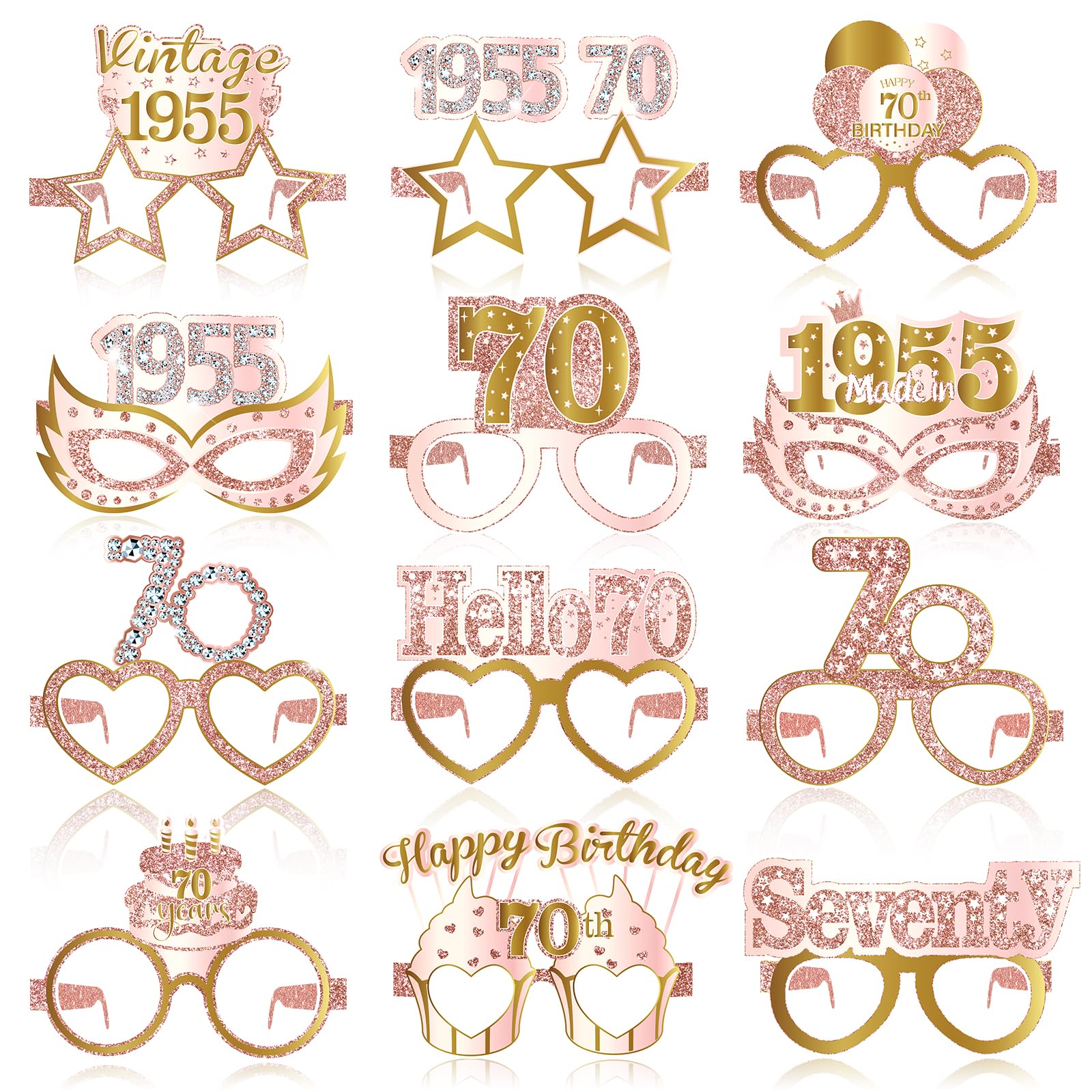 24PCS Pink Rose Gold 70th Birthday Decorations for Women Men Pink Happy 70th Birthday Paper Eyeglasses Vintage 1955 Party Glasses Supplies Seventy