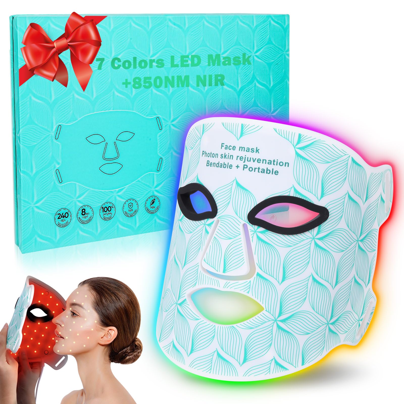Red Light Therapy for Face, 7＋1 Colors LED Face Mask Light Therapy with 850NM Near-infrared, Portable Rechargeable Red Light Therapy Mask Skin Care Device at Home and Travel for Anti-Aging