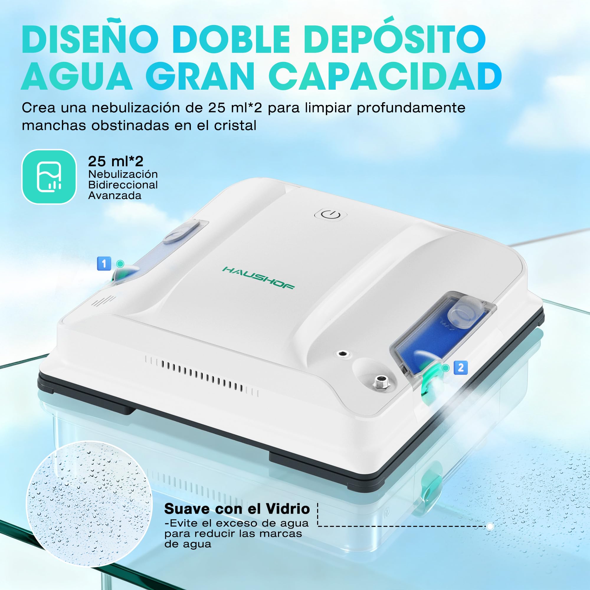 HAUSHOF Robot Limpiacristales Eléctrico 3800 Pa, Robot Limpia Cristales Ventanas | con Sistema de Pulverización Bidireccional, Navegación Inteligente, Seguridad Anticaídas, Mando, Sin Zonas Muertas