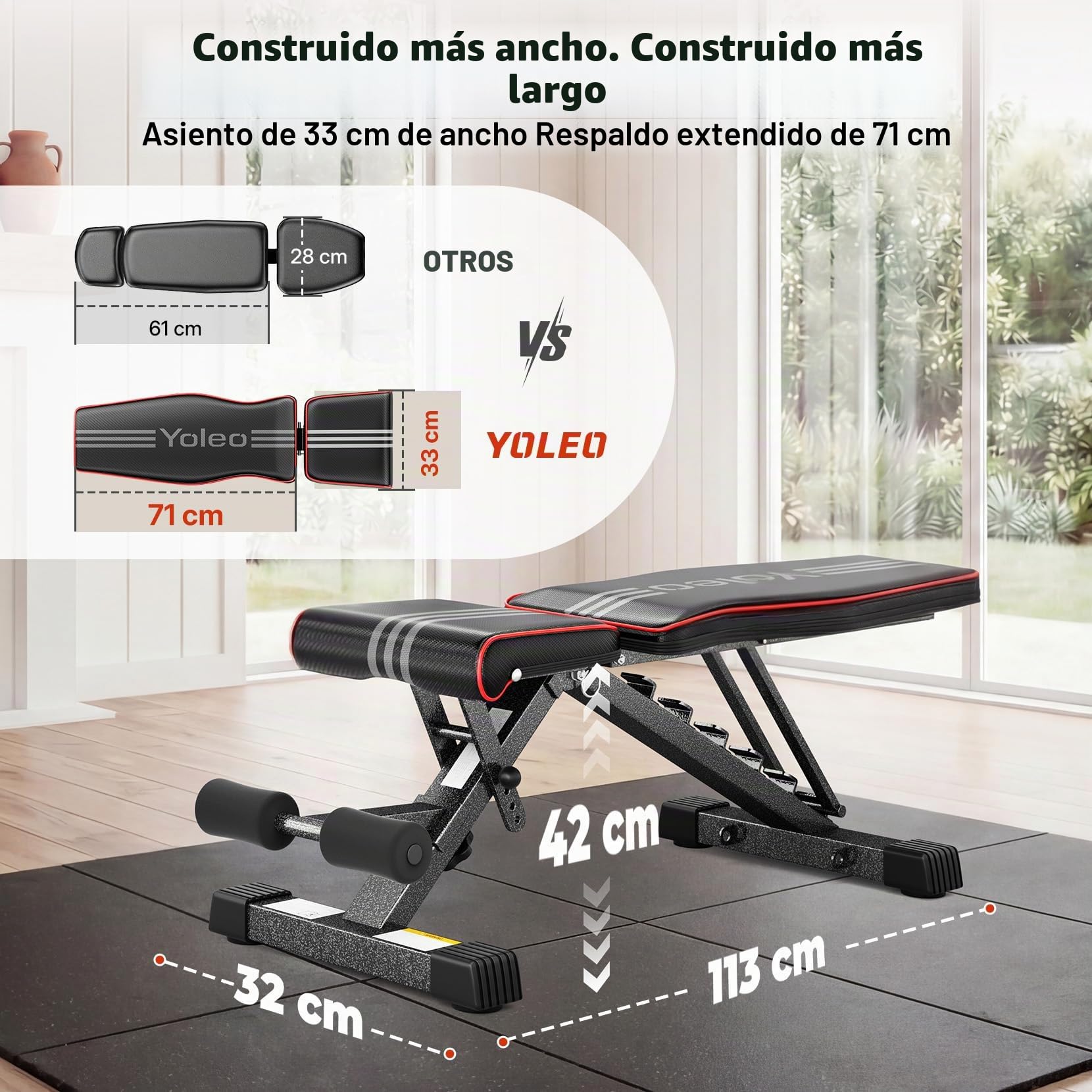 YOLEO Banco de Pesas Ajustable Plegable, Banco de Musculación Plano, Inclinado y Declinado, Banco de Ejercicios para Entrenamiento de Cuerpo Completo, Fitness para Casa