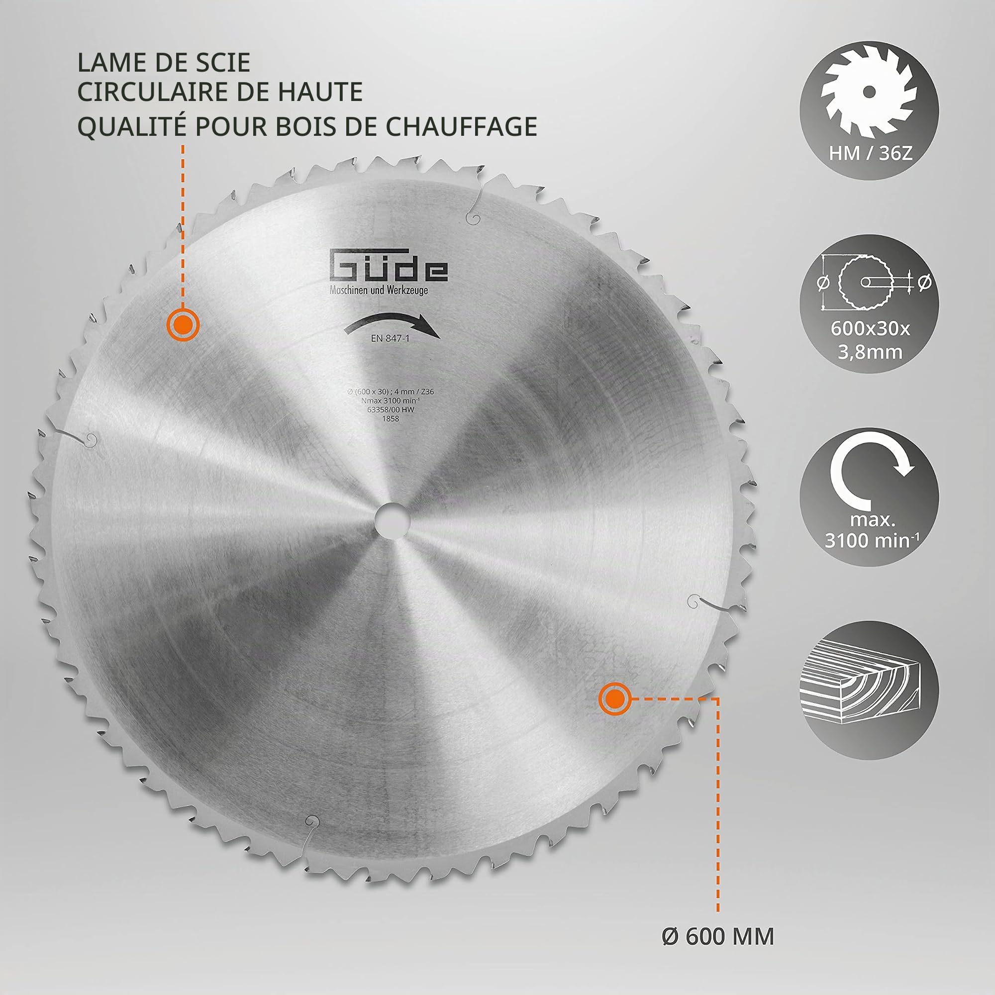 Güde 1858 - Lame de scie à bois de chauffage HM - 600 x 30 x 36Z - En carbure de tungstène, dents alternées avec barres de déflecteur, 36 dents, 60 cm de diamètre, épaisseur de la lame de scie 3,8 mm,